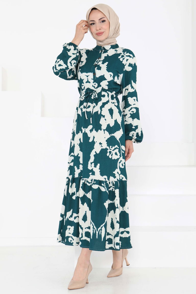 Desenli Düğmeli Elbise - 27189 - TOFİSA