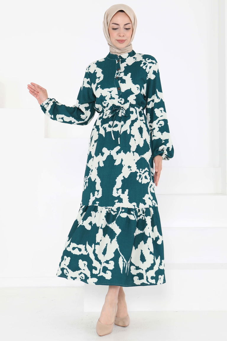 Desenli Düğmeli Elbise - 27189 - TOFİSA