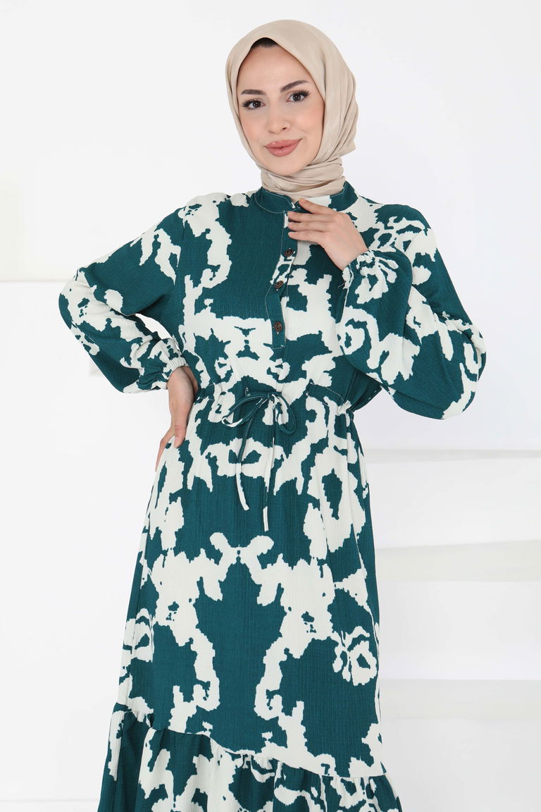 Desenli Düğmeli Elbise - 27189 - TOFİSA