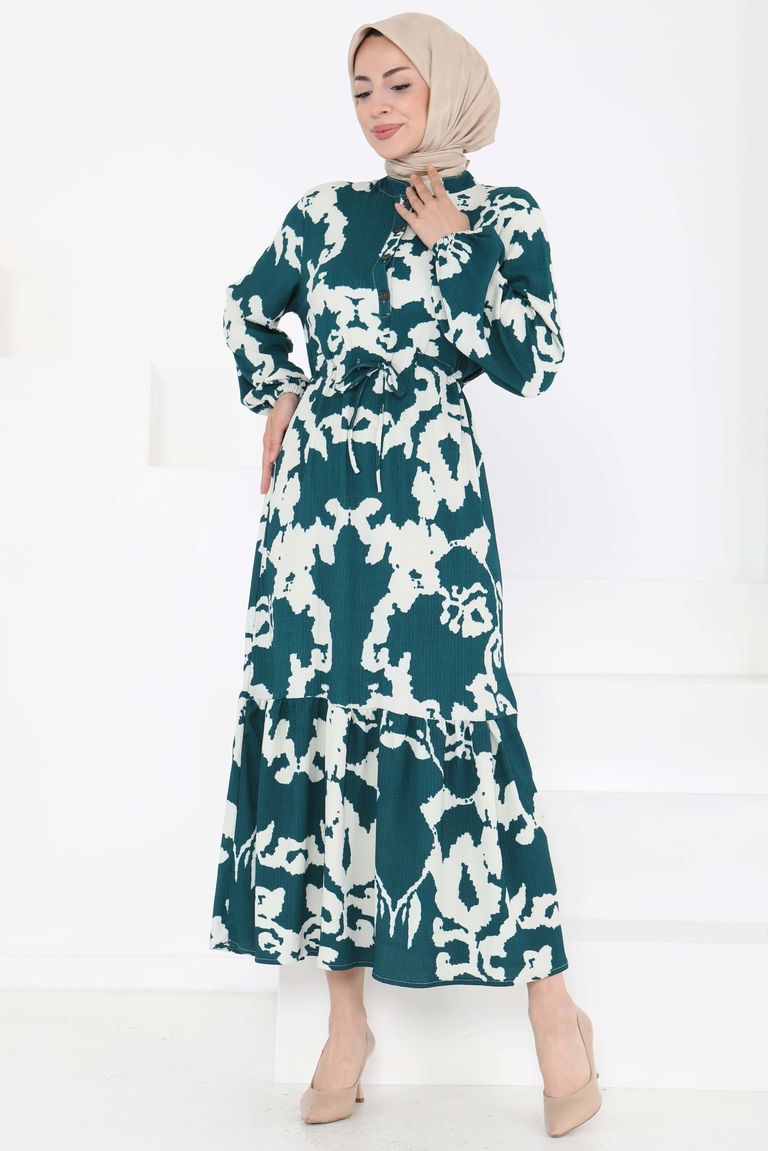 Desenli Düğmeli Elbise - 27189 - TOFİSA