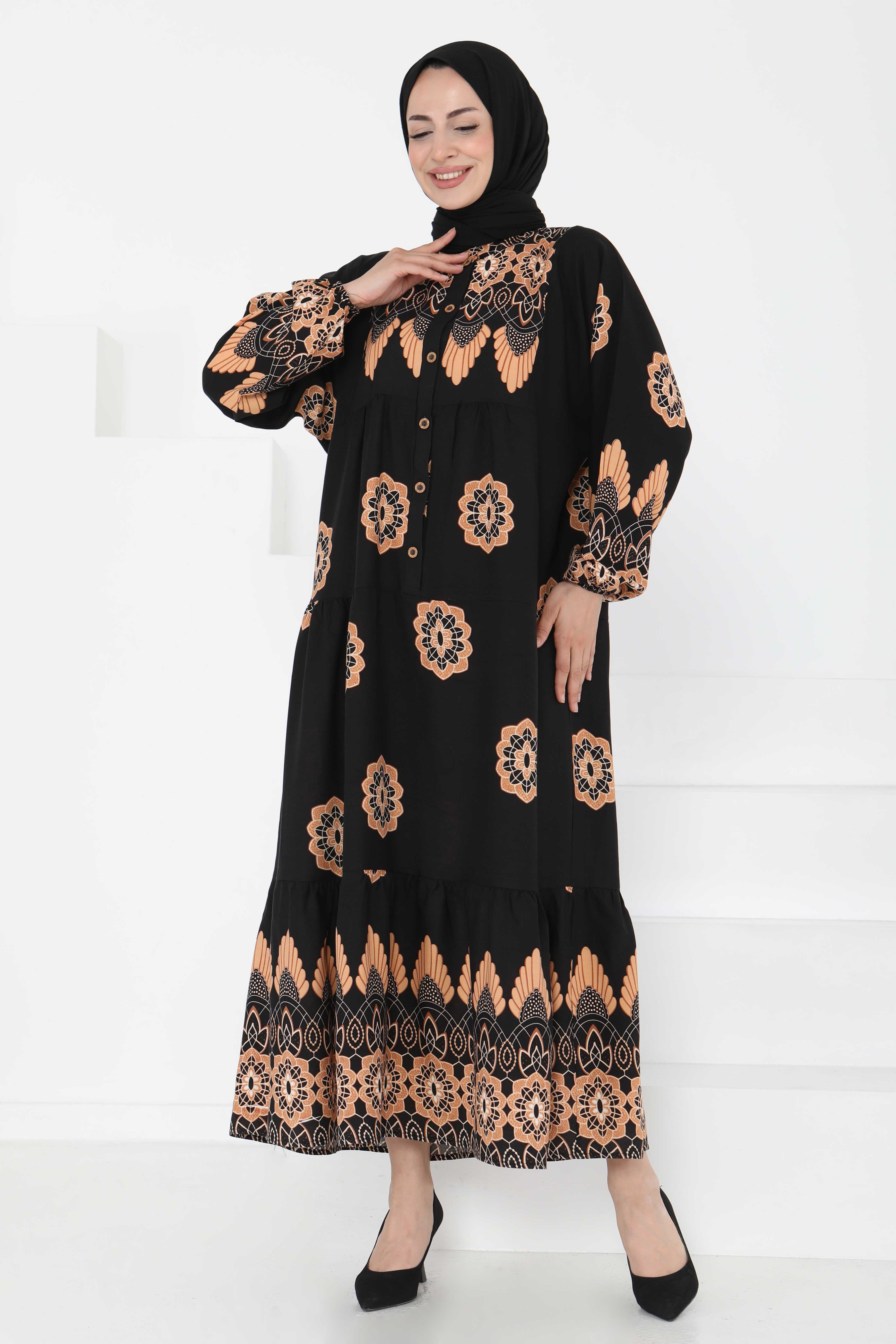 Desenli Düğmeli Elbise - 27262 - 1