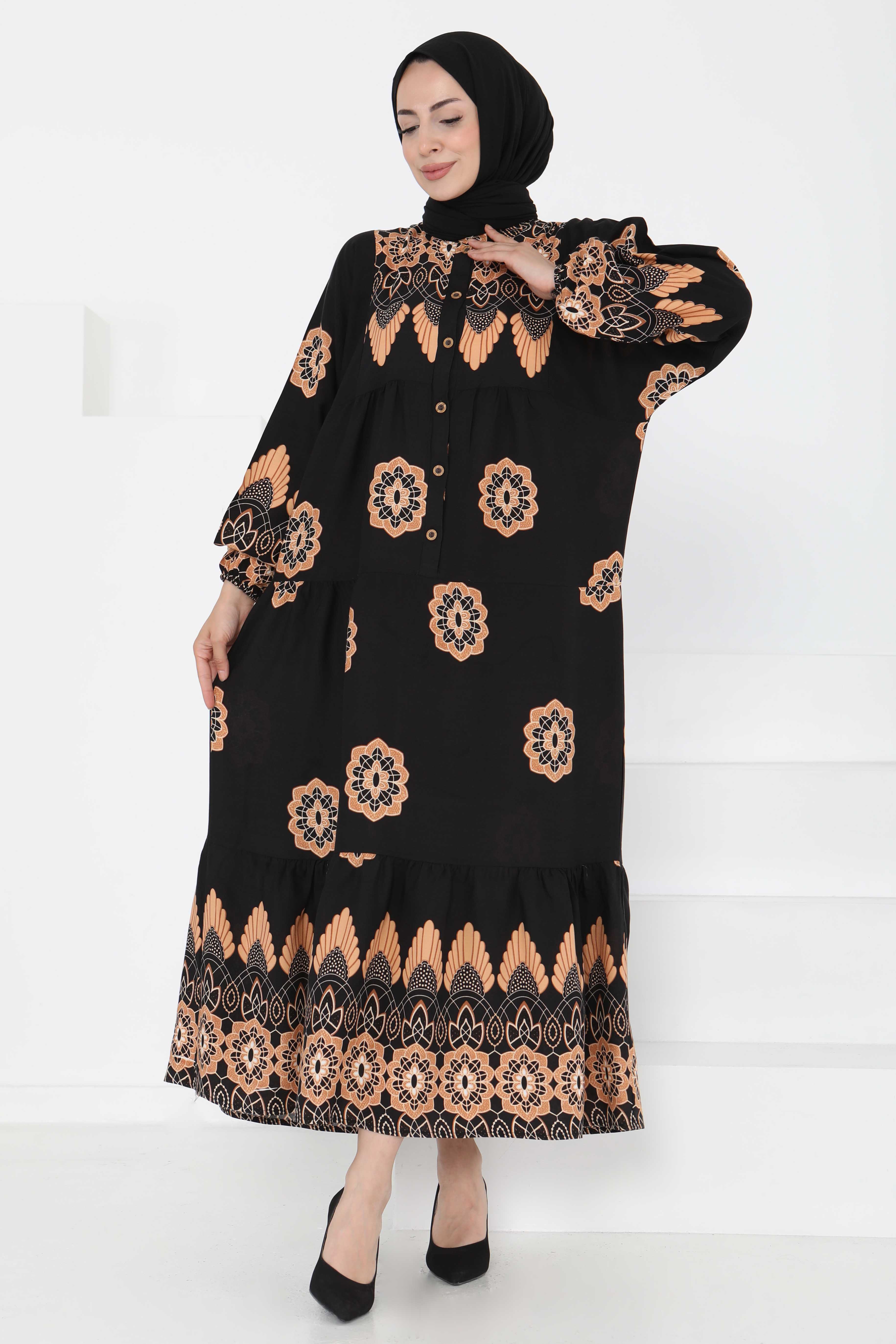 Desenli Düğmeli Elbise - 27262 - 2