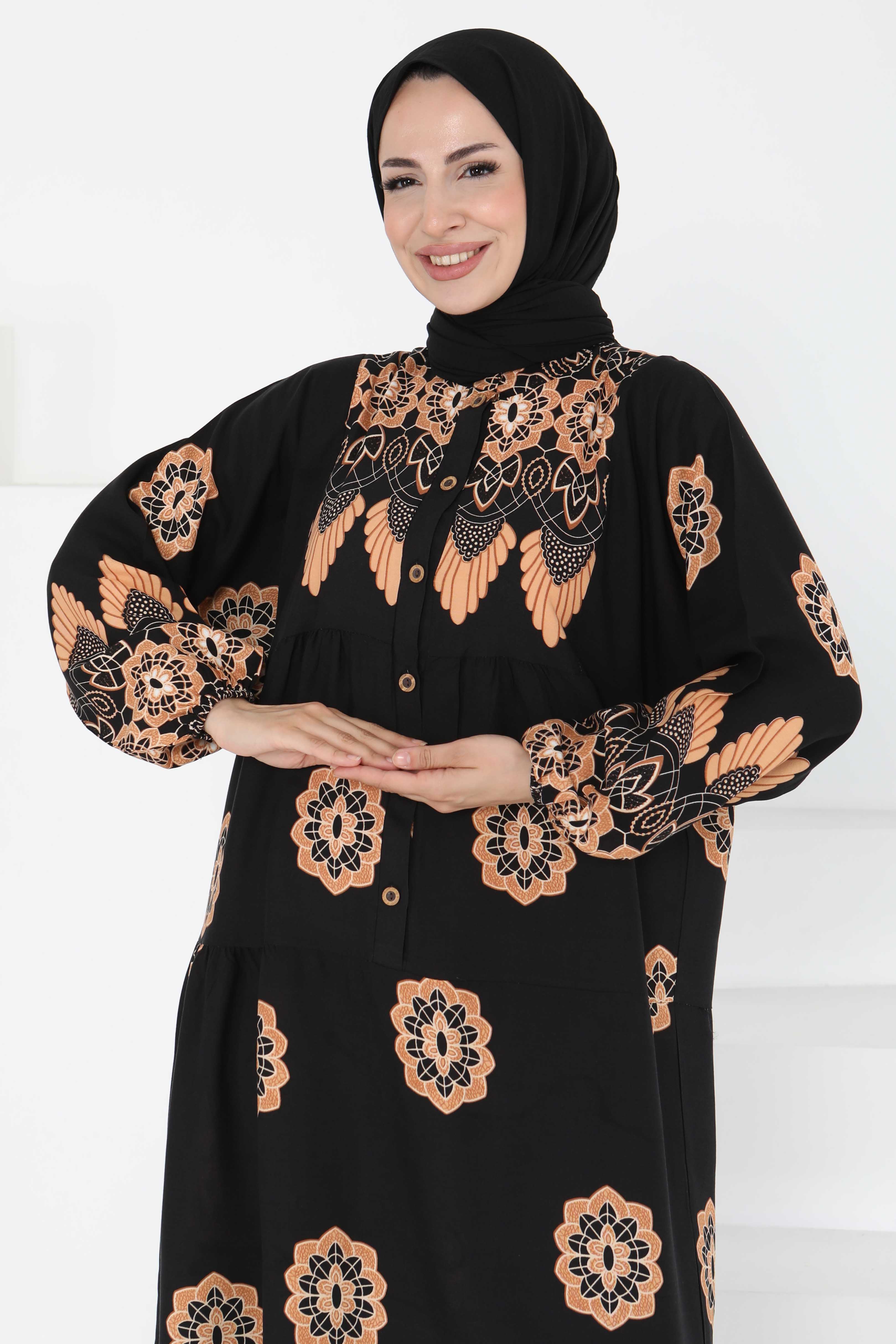 Desenli Düğmeli Elbise - 27262 - 3