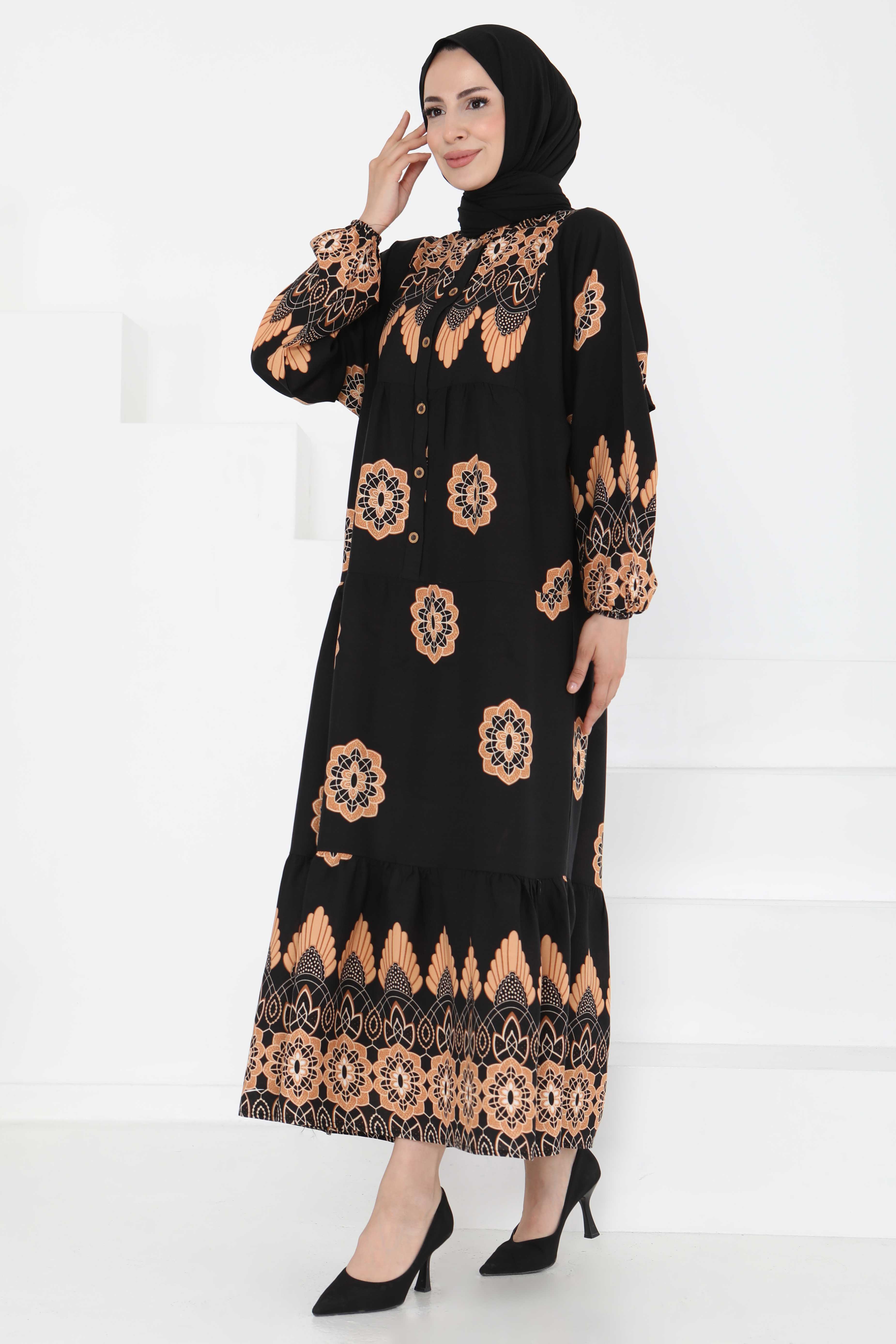 Desenli Düğmeli Elbise - 27262 - 4