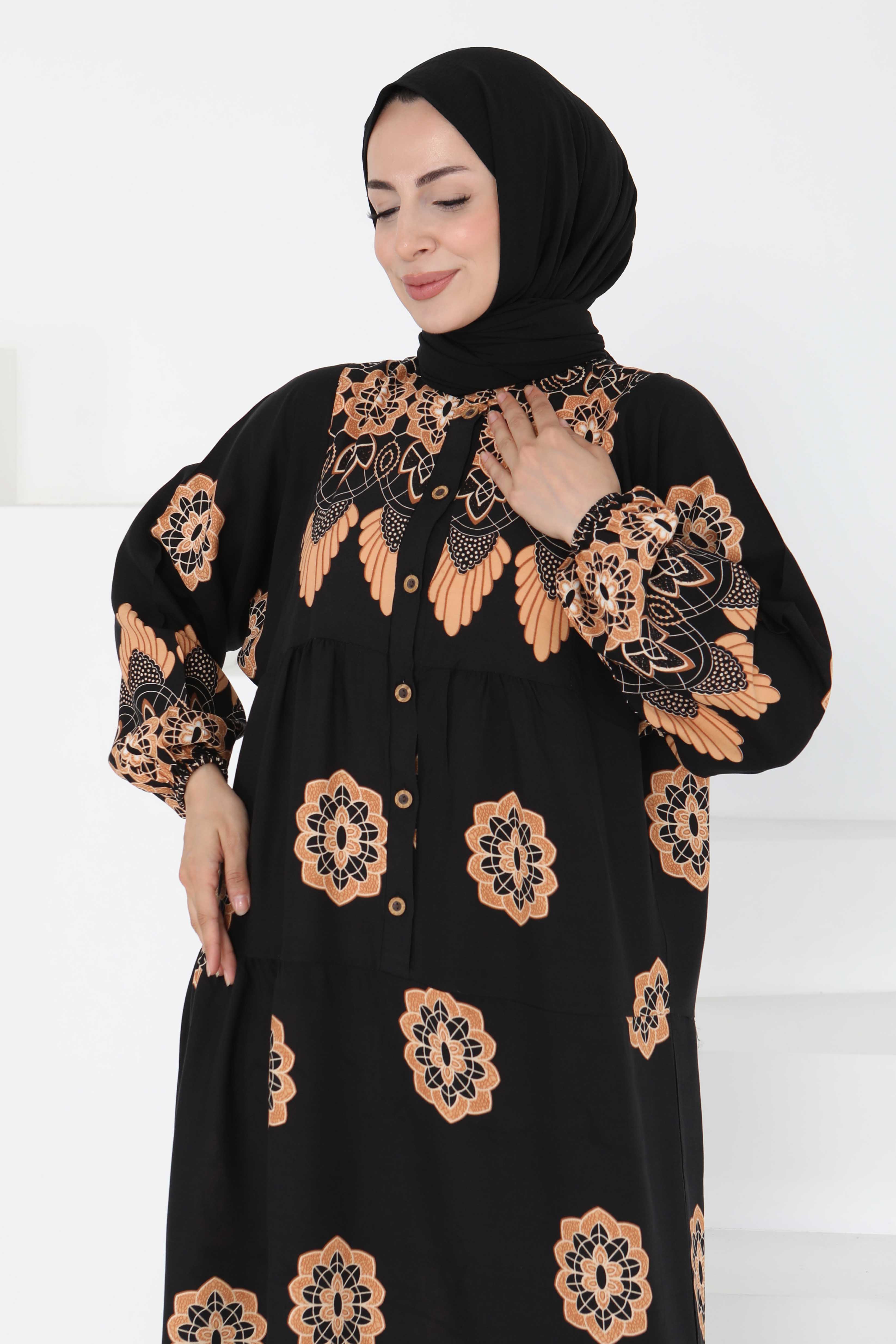 Desenli Düğmeli Elbise - 27262 - 5