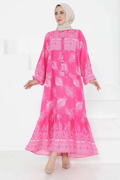 Desenli Düğmeli Elbise - 27263 