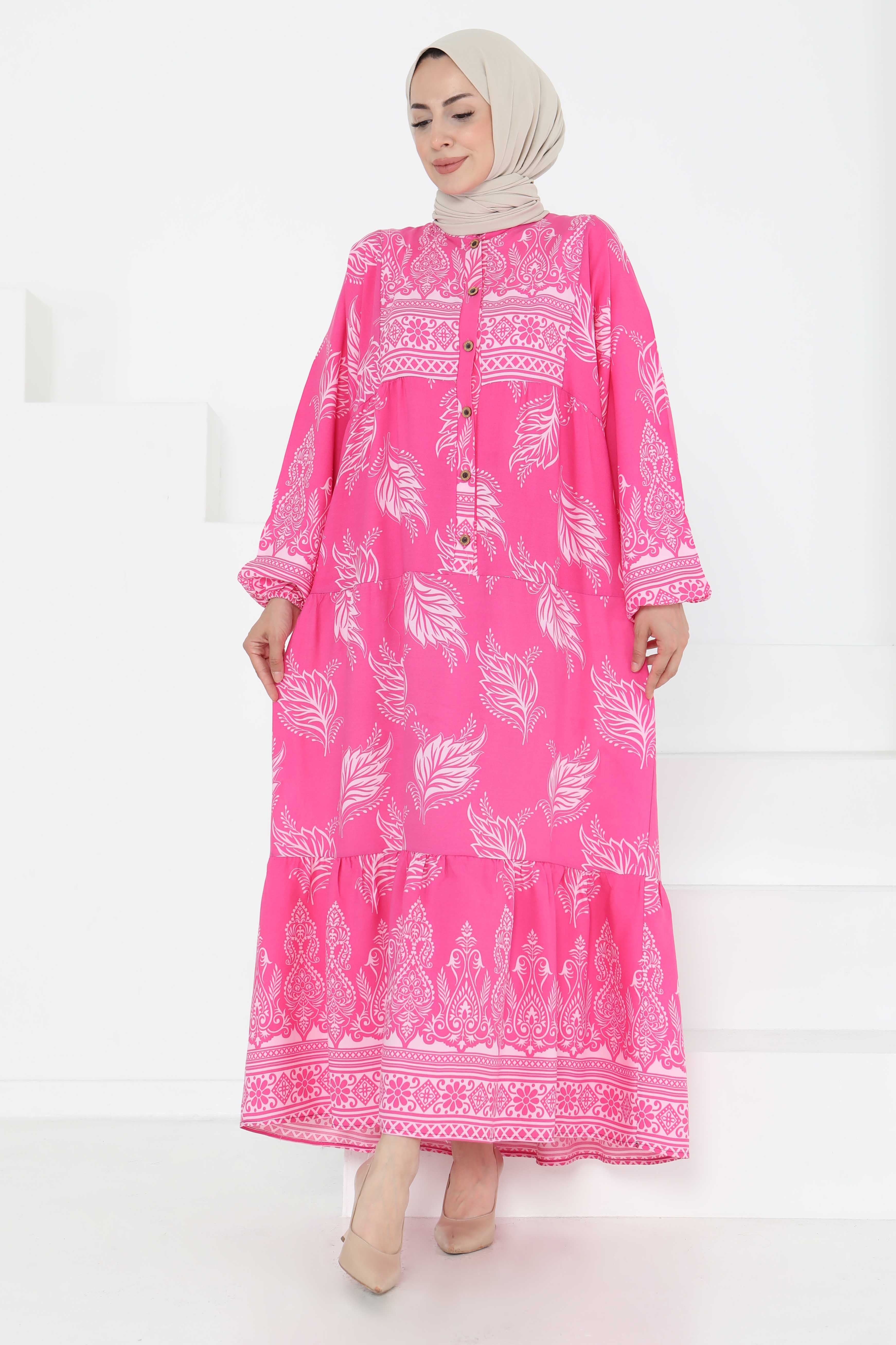 Desenli Düğmeli Elbise - 27263 - 2