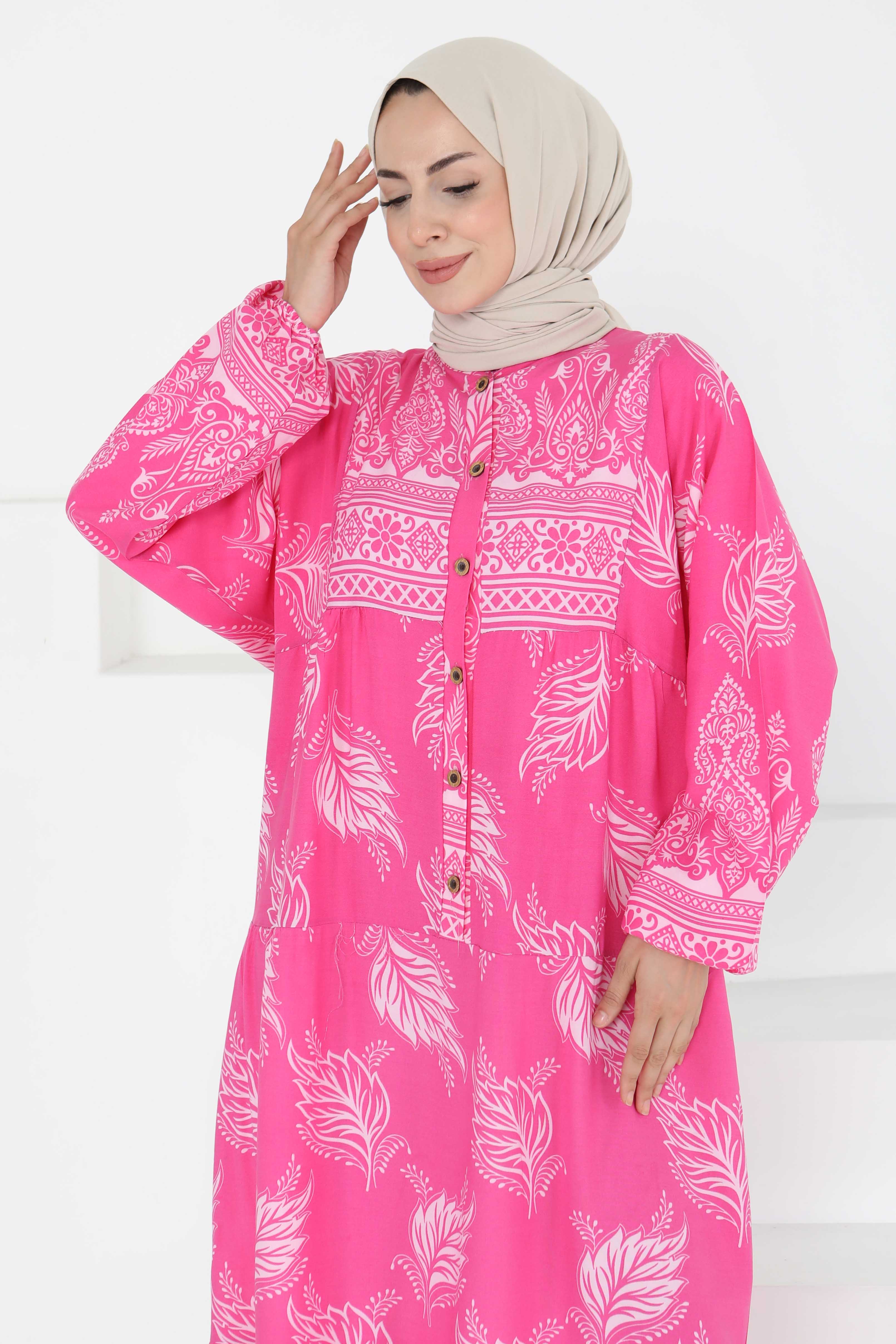 Desenli Düğmeli Elbise - 27263 - 3