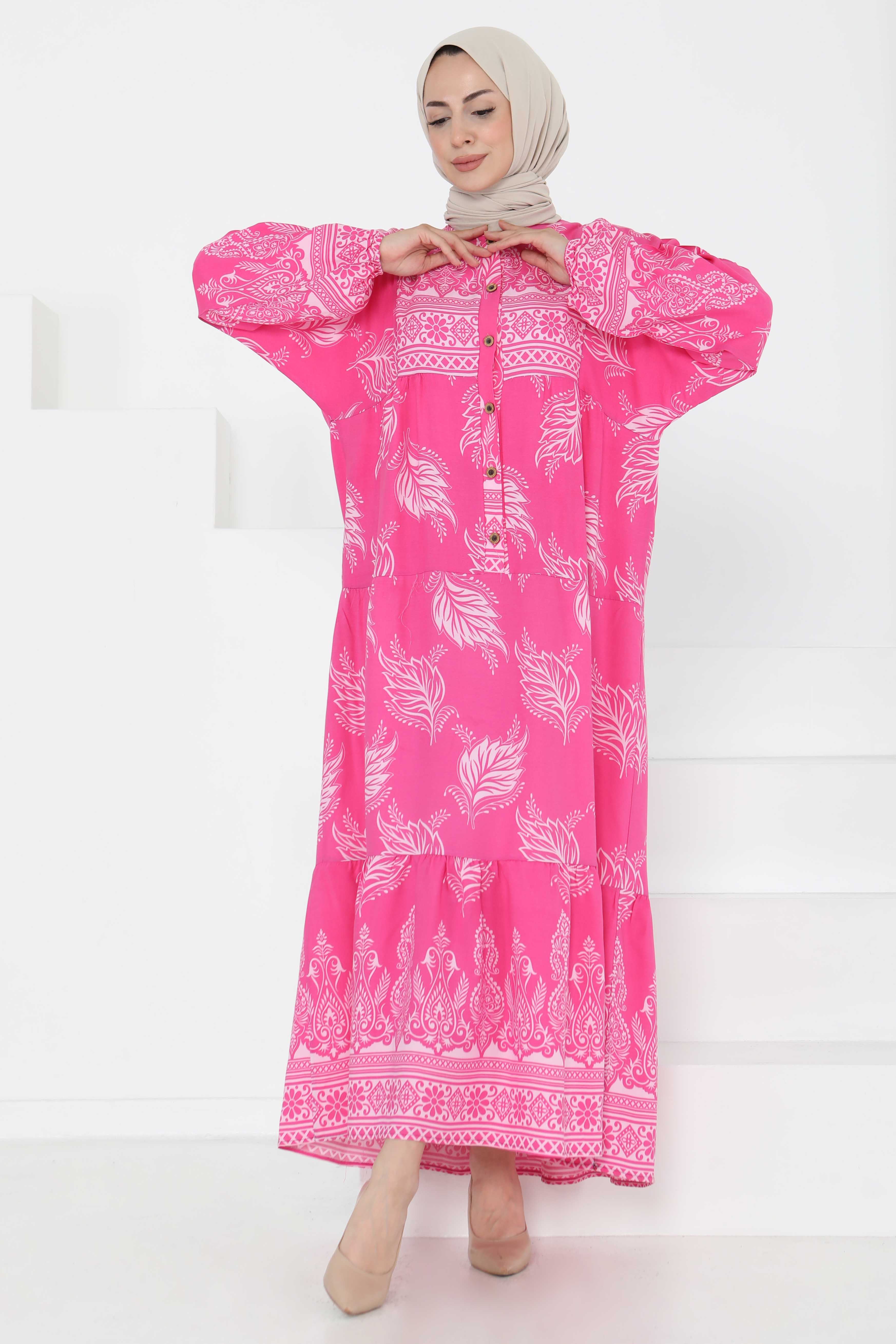 Desenli Düğmeli Elbise - 27263 - 5