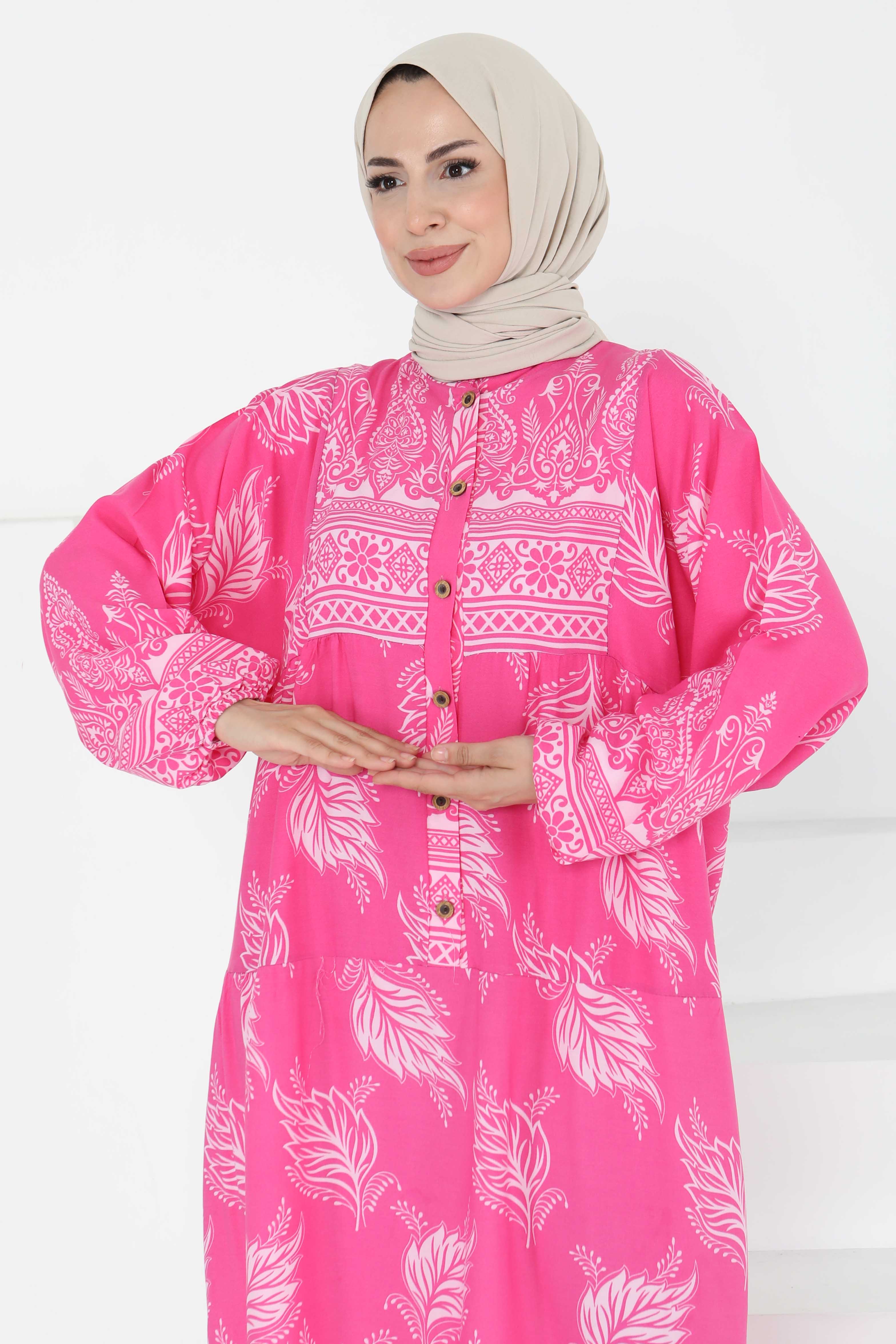 Desenli Düğmeli Elbise - 27263 - 6