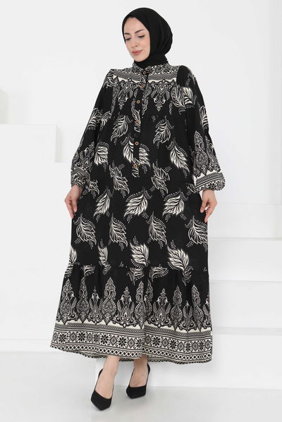 Desenli Düğmeli Elbise - 27263 