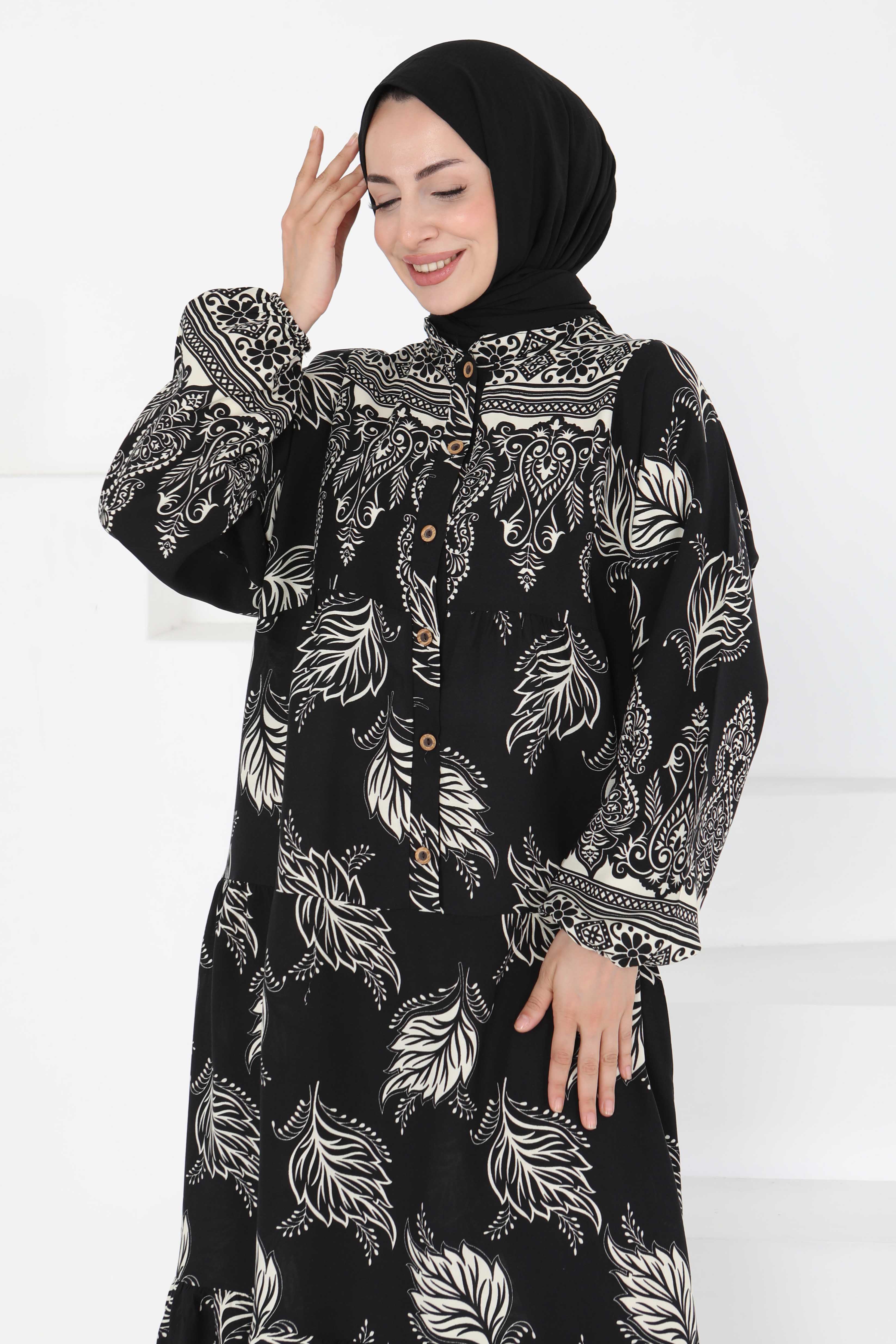 Desenli Düğmeli Elbise - 27263 - 2