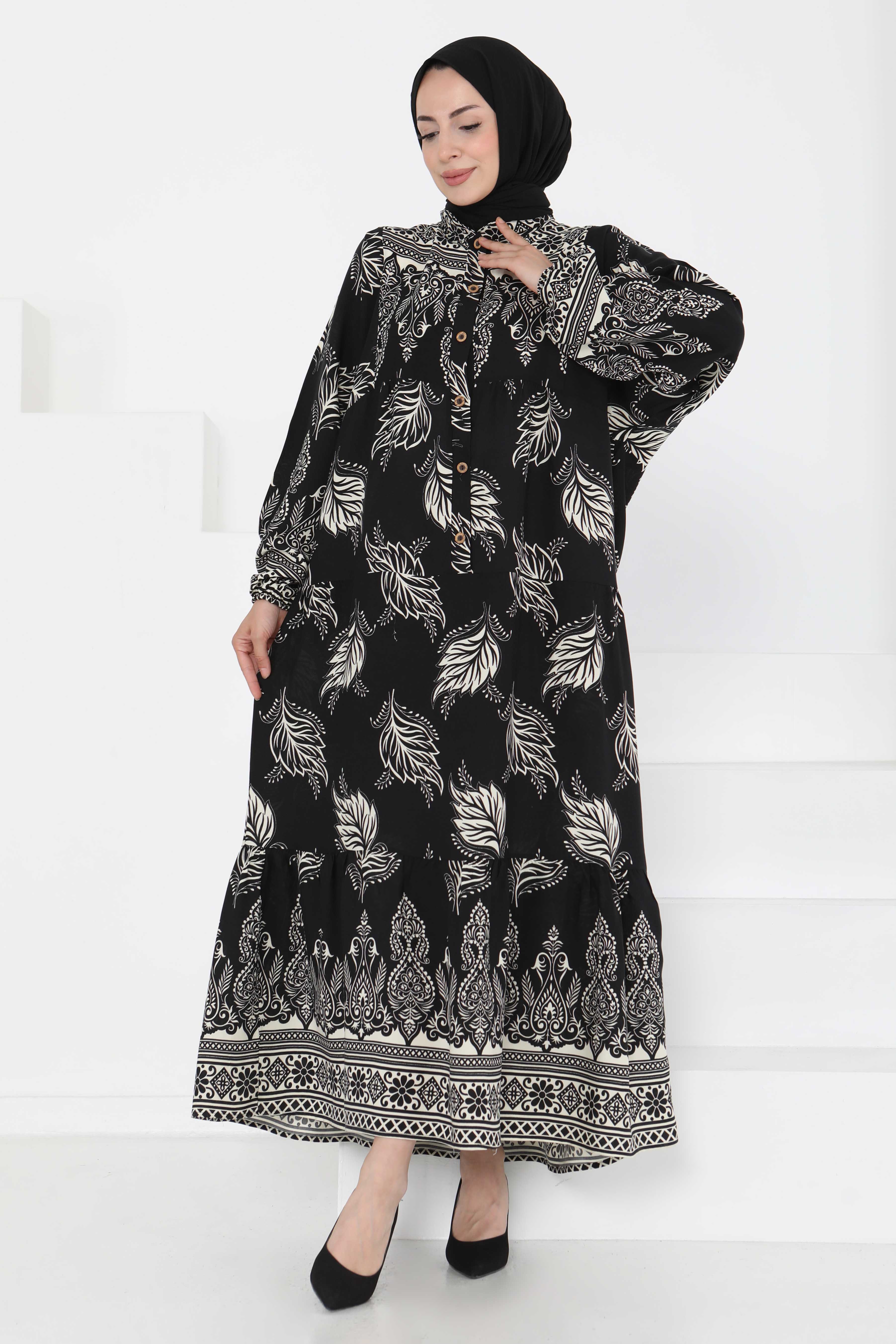 Desenli Düğmeli Elbise - 27263 - 3