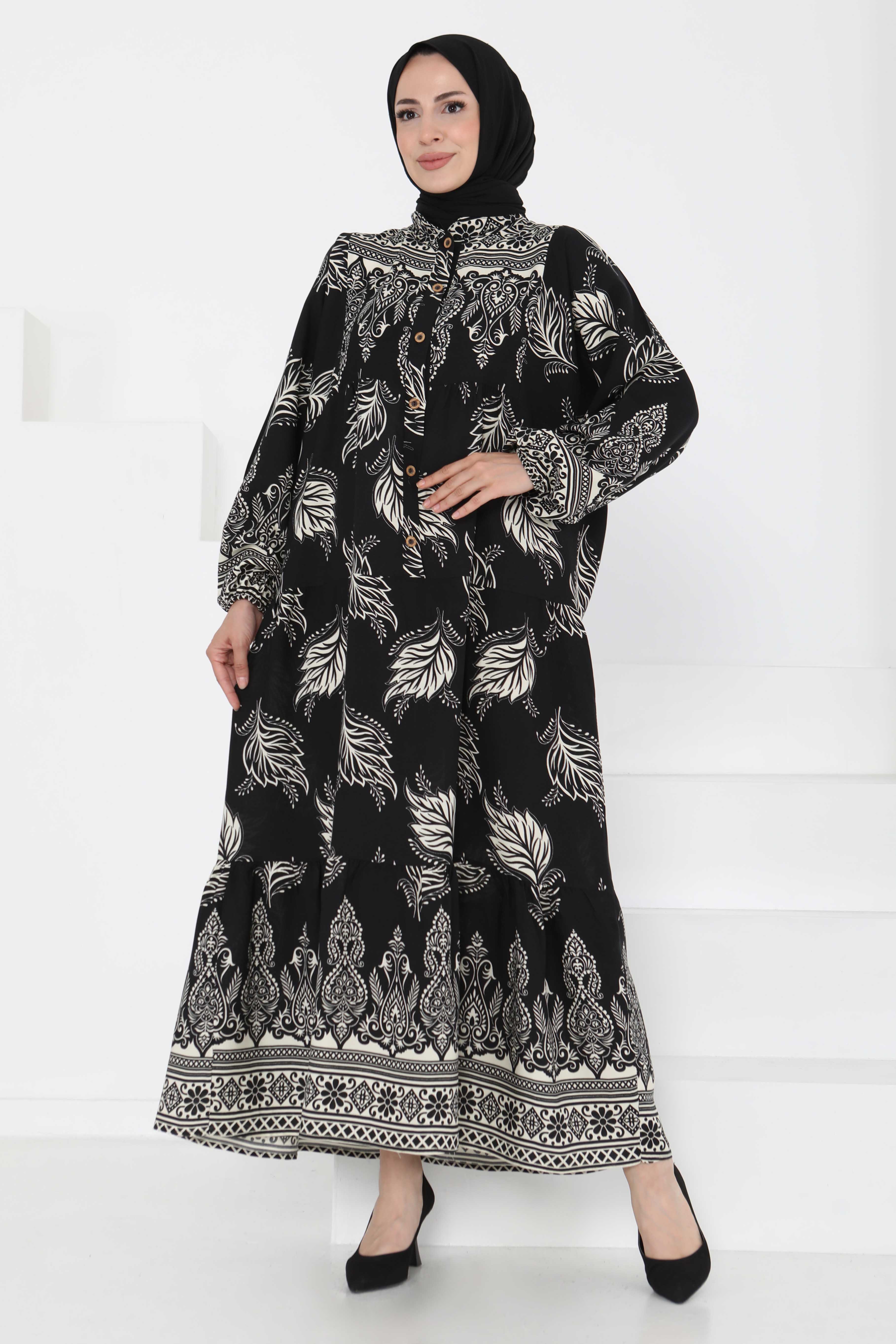 Desenli Düğmeli Elbise - 27263 - 4