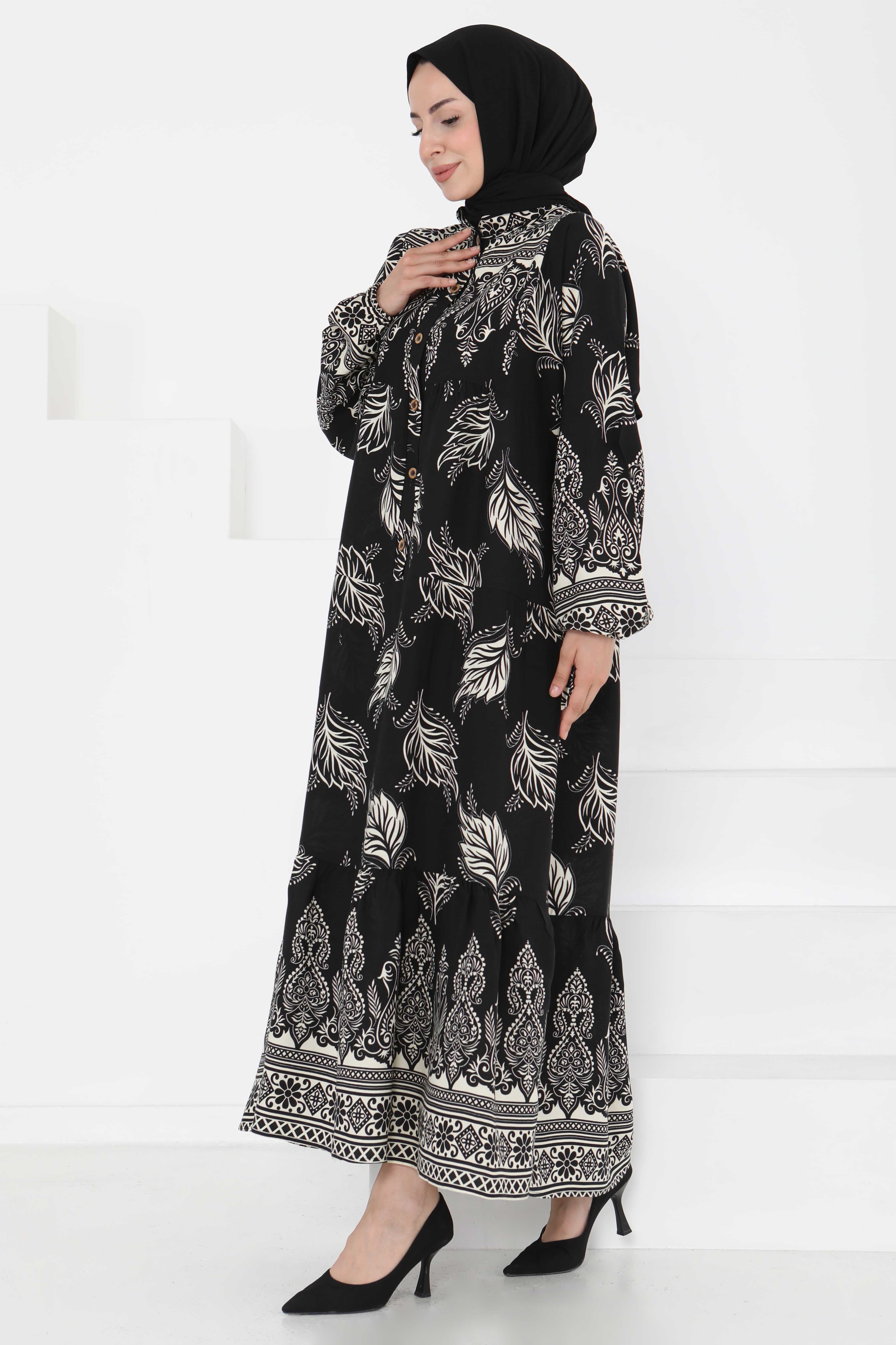 Desenli Düğmeli Elbise - 27263 - 5