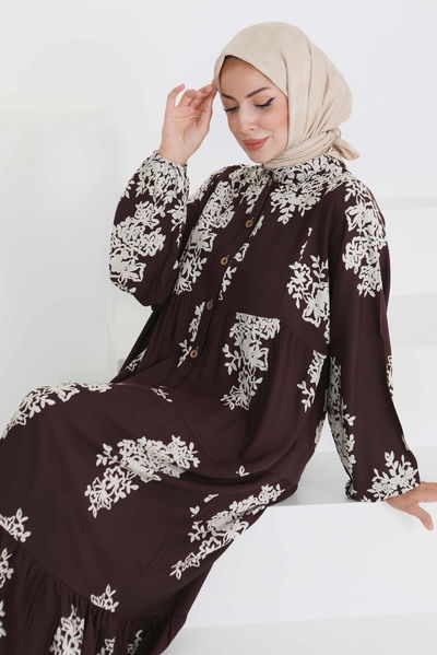 Desenli Düğmeli Elbise - 27470 