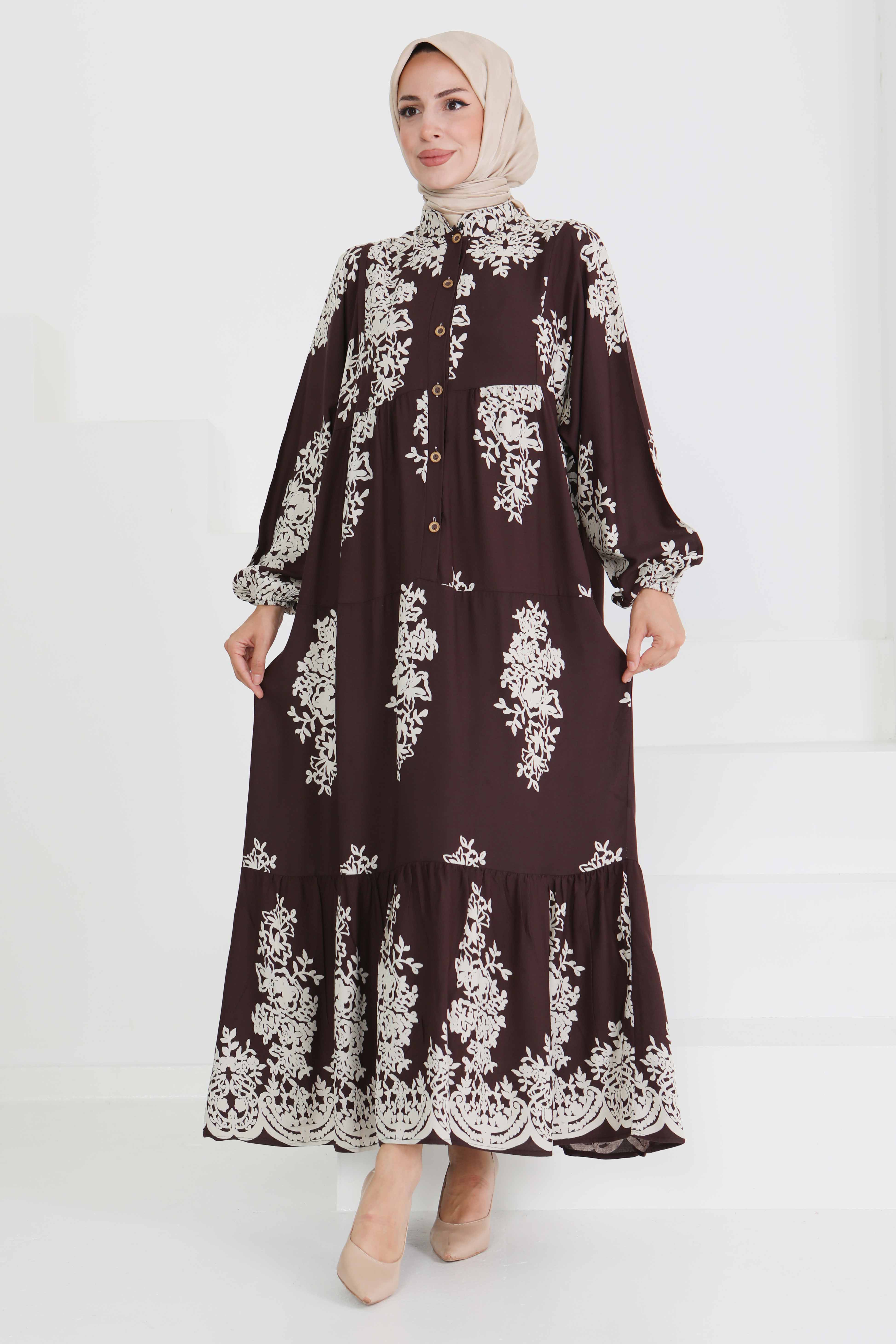 Desenli Düğmeli Elbise - 27470 - 2