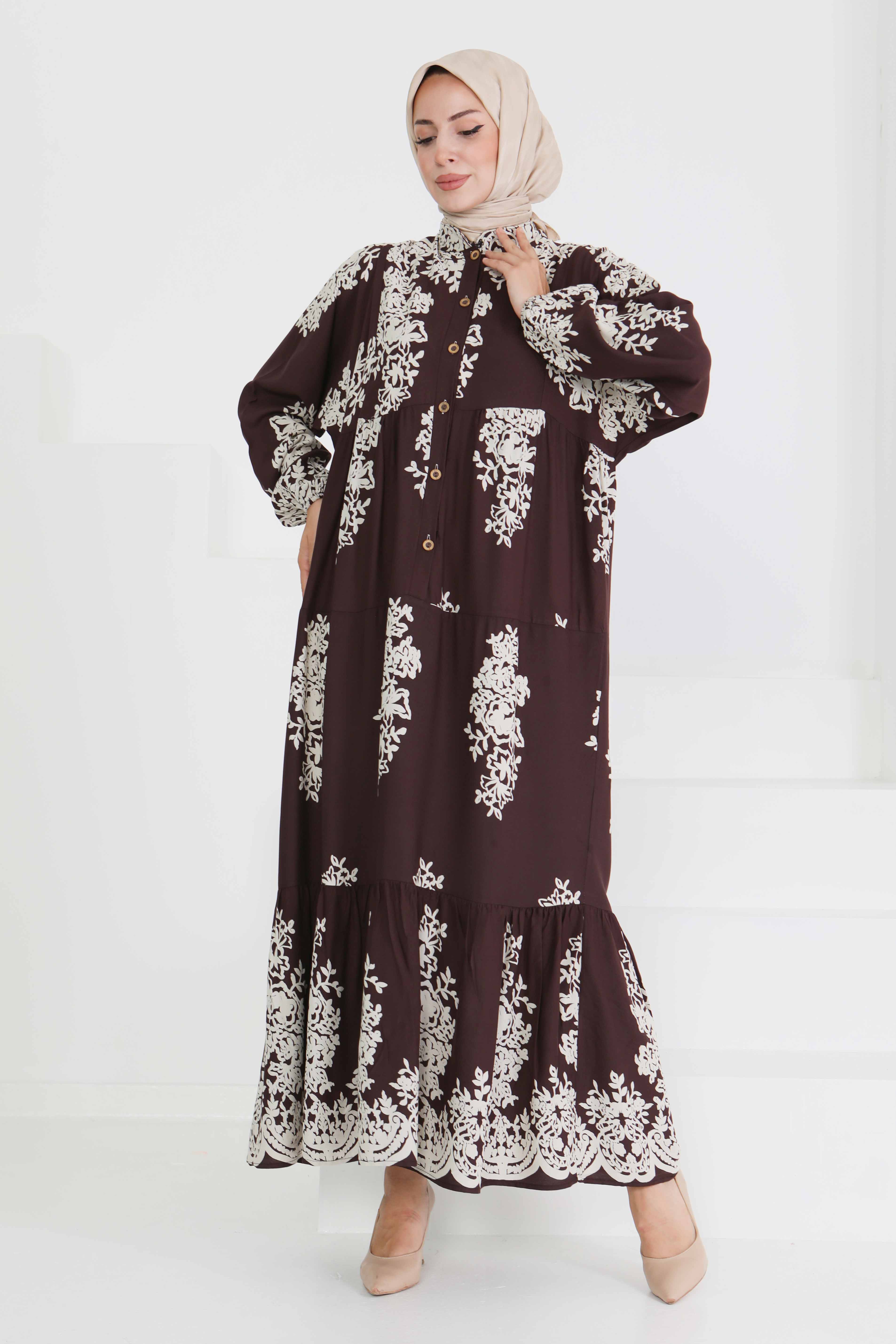 Desenli Düğmeli Elbise - 27470 - 4