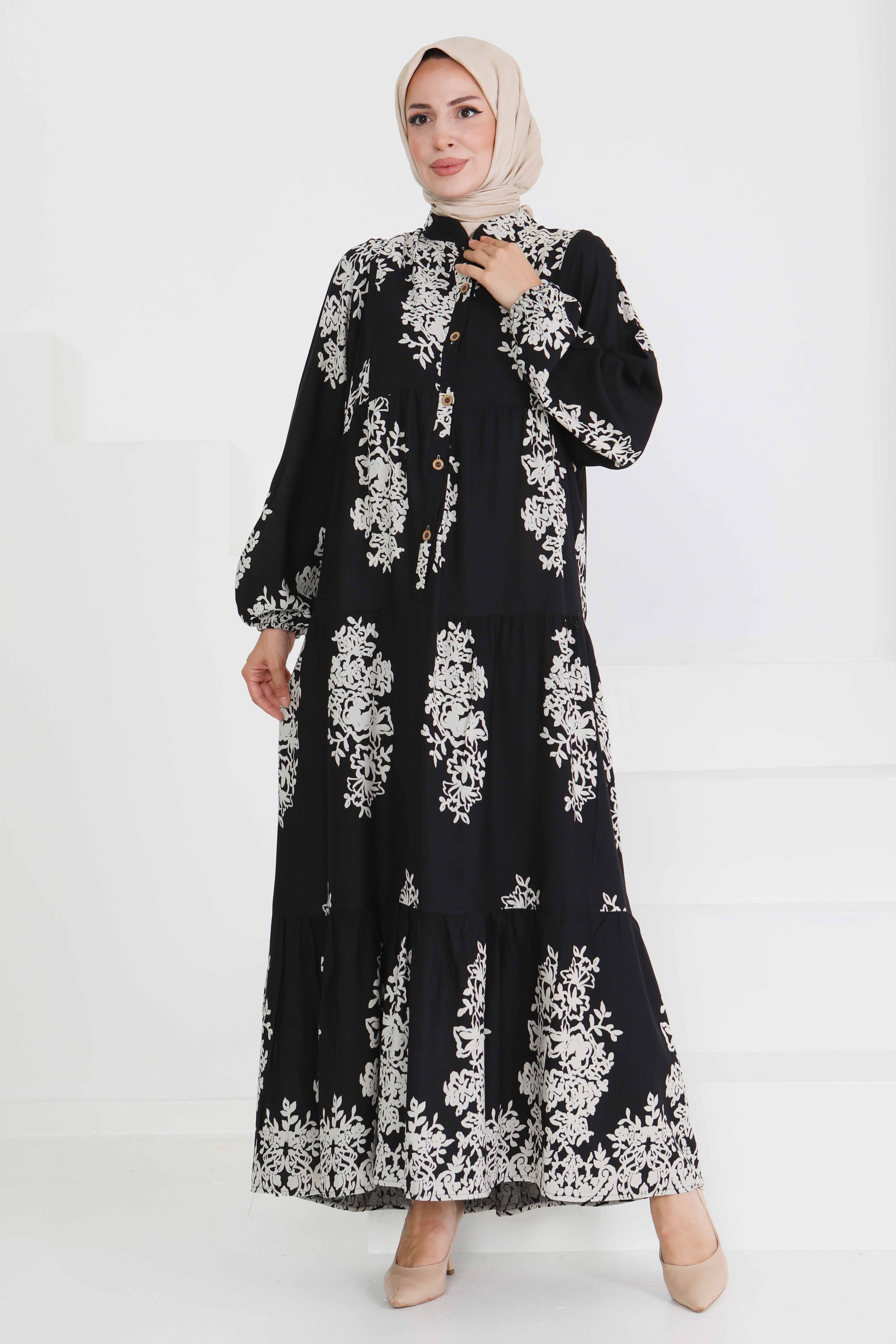 Desenli Düğmeli Elbise - 27470 - 1