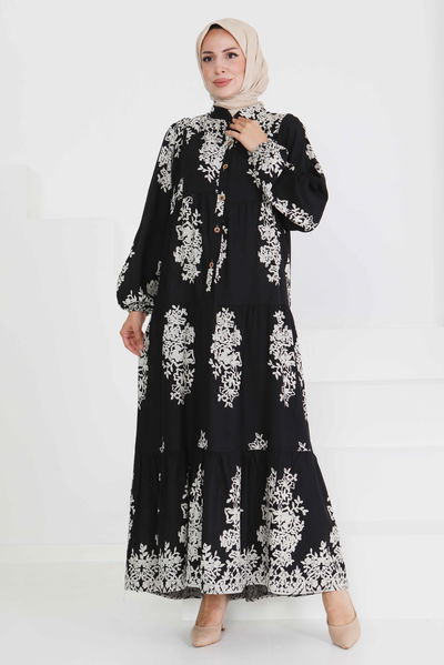 Desenli Düğmeli Elbise - 27470 