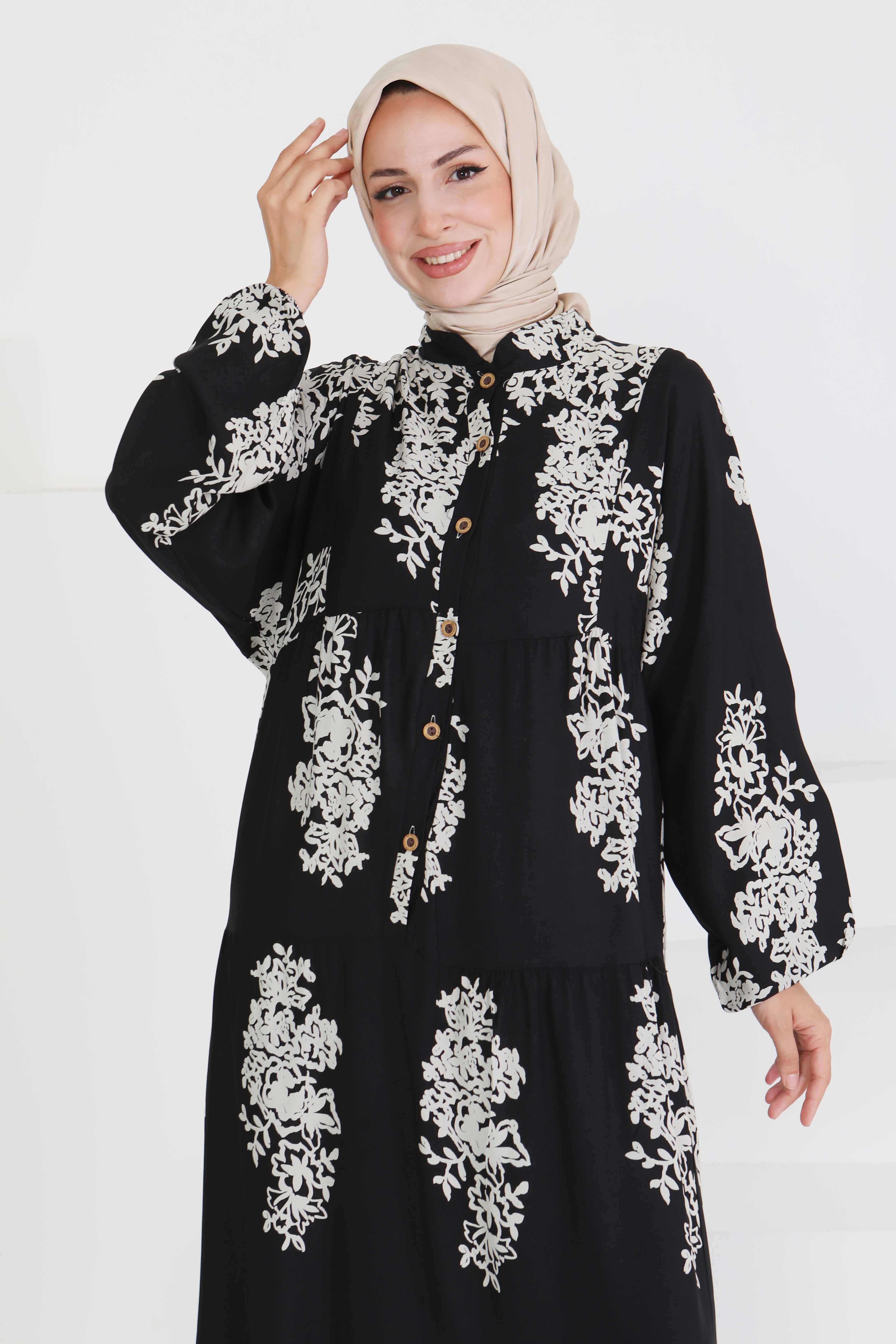 Desenli Düğmeli Elbise - 27470 - 2