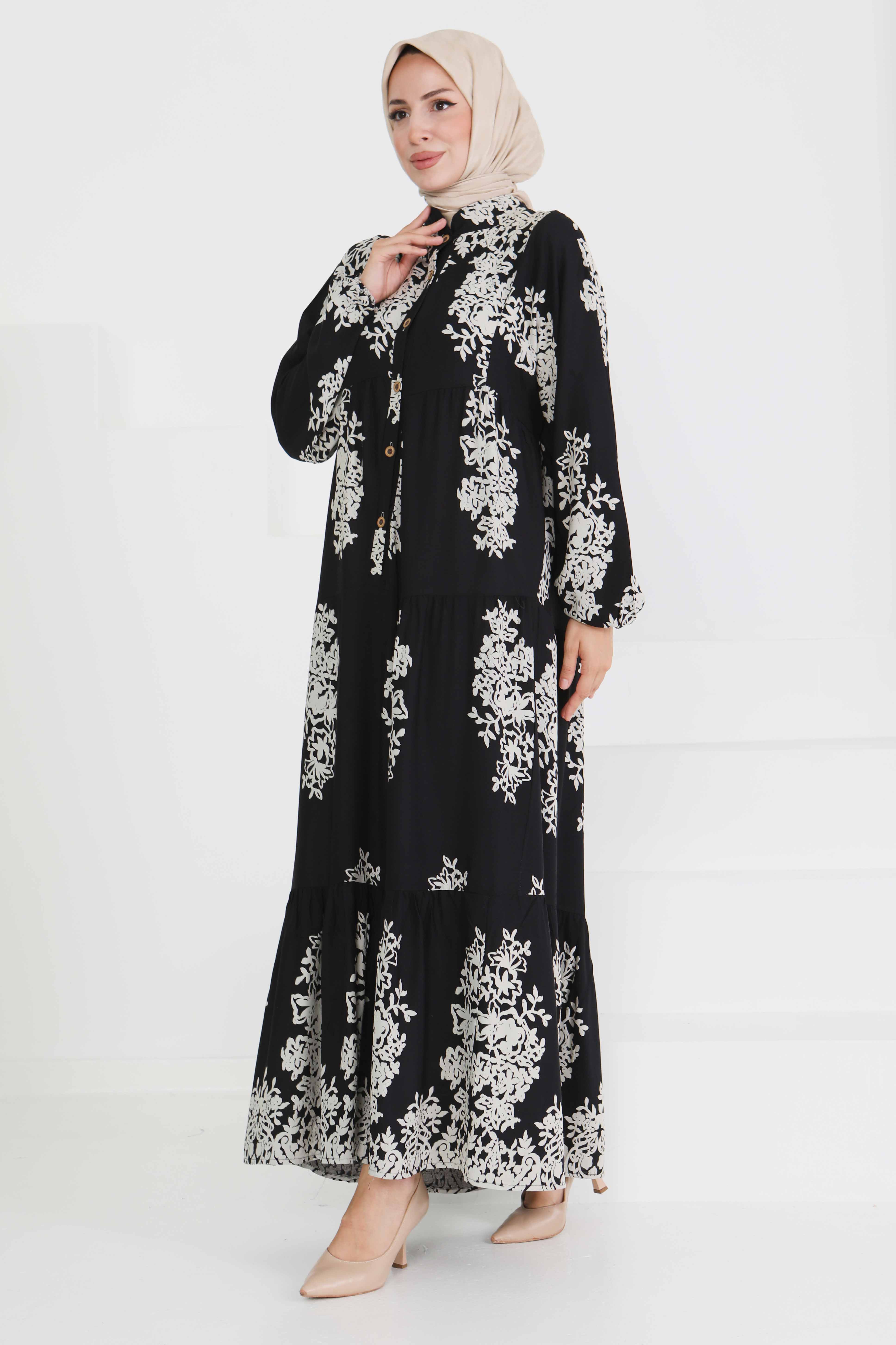 Desenli Düğmeli Elbise - 27470 - 3