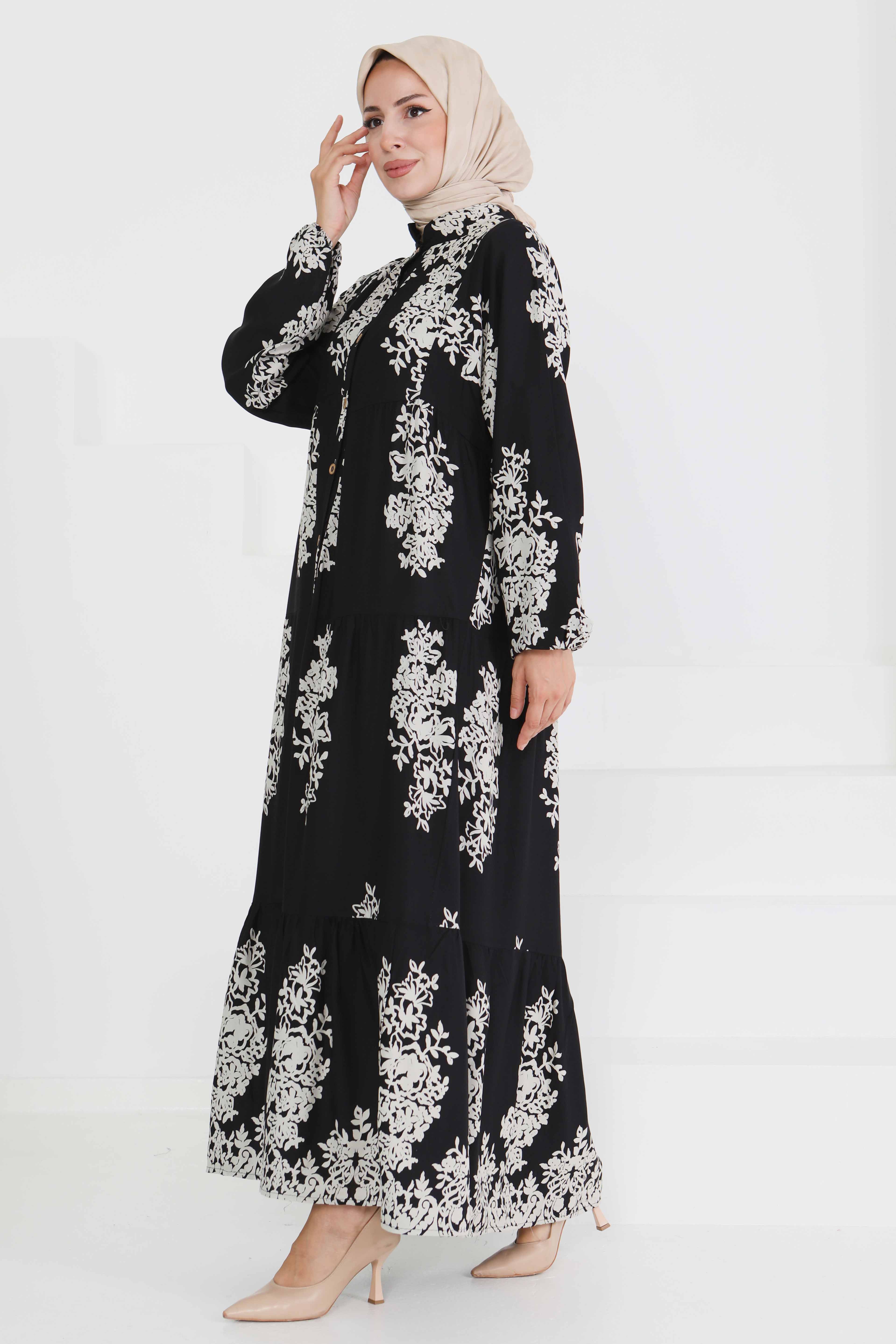 Desenli Düğmeli Elbise - 27470 - 4