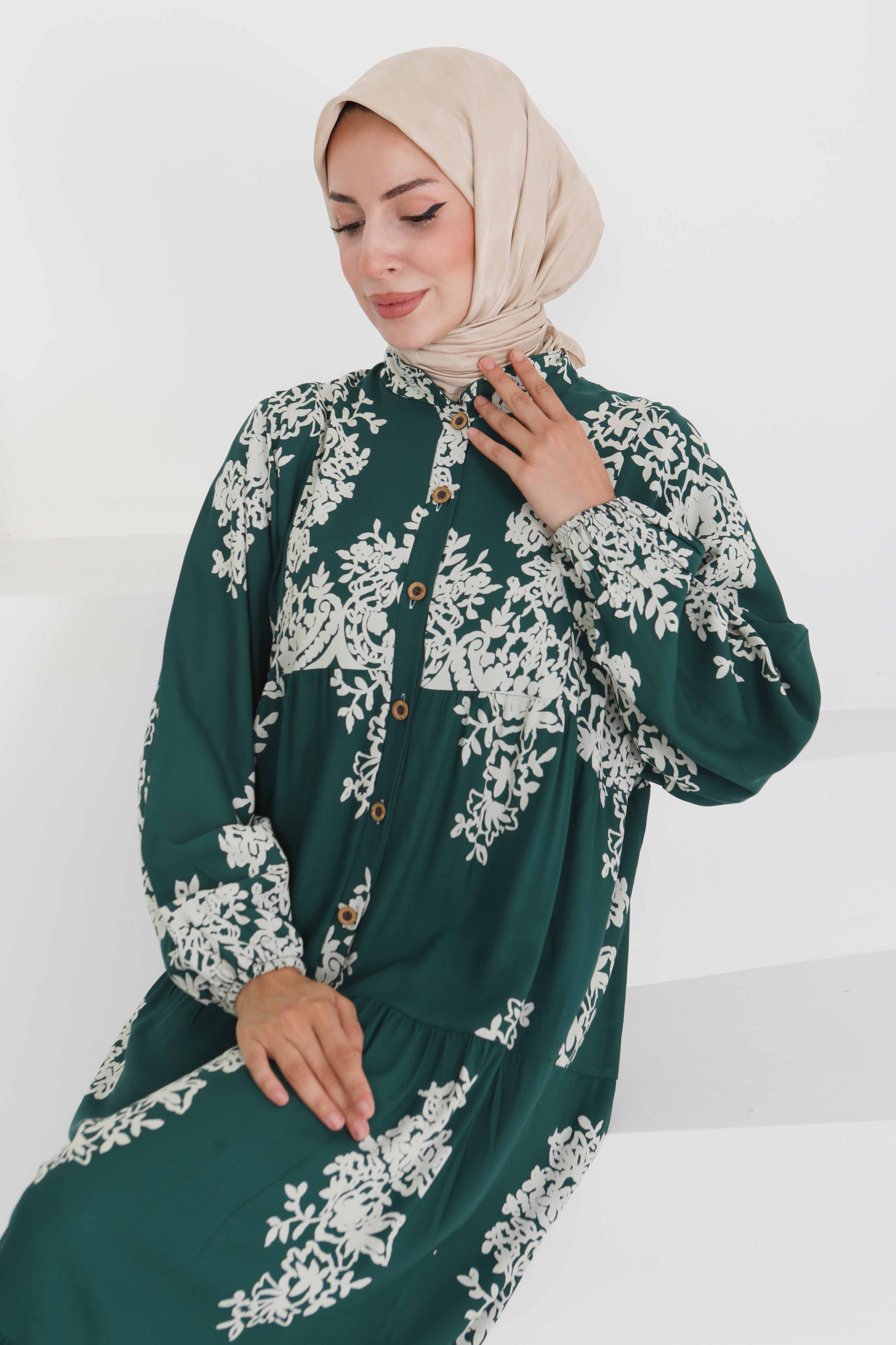 Desenli Düğmeli Elbise - 27470 - 1