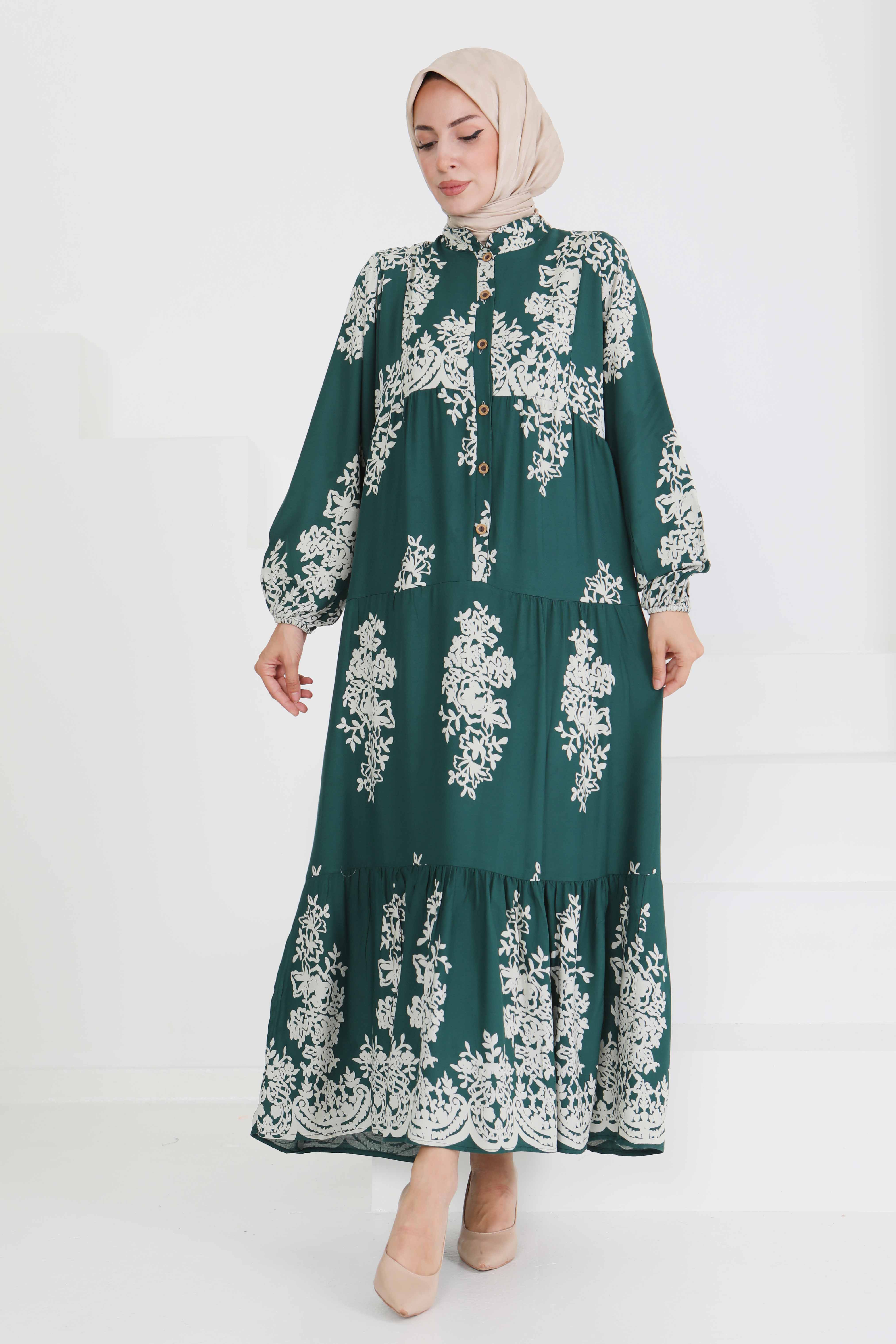 Desenli Düğmeli Elbise - 27470 - 2