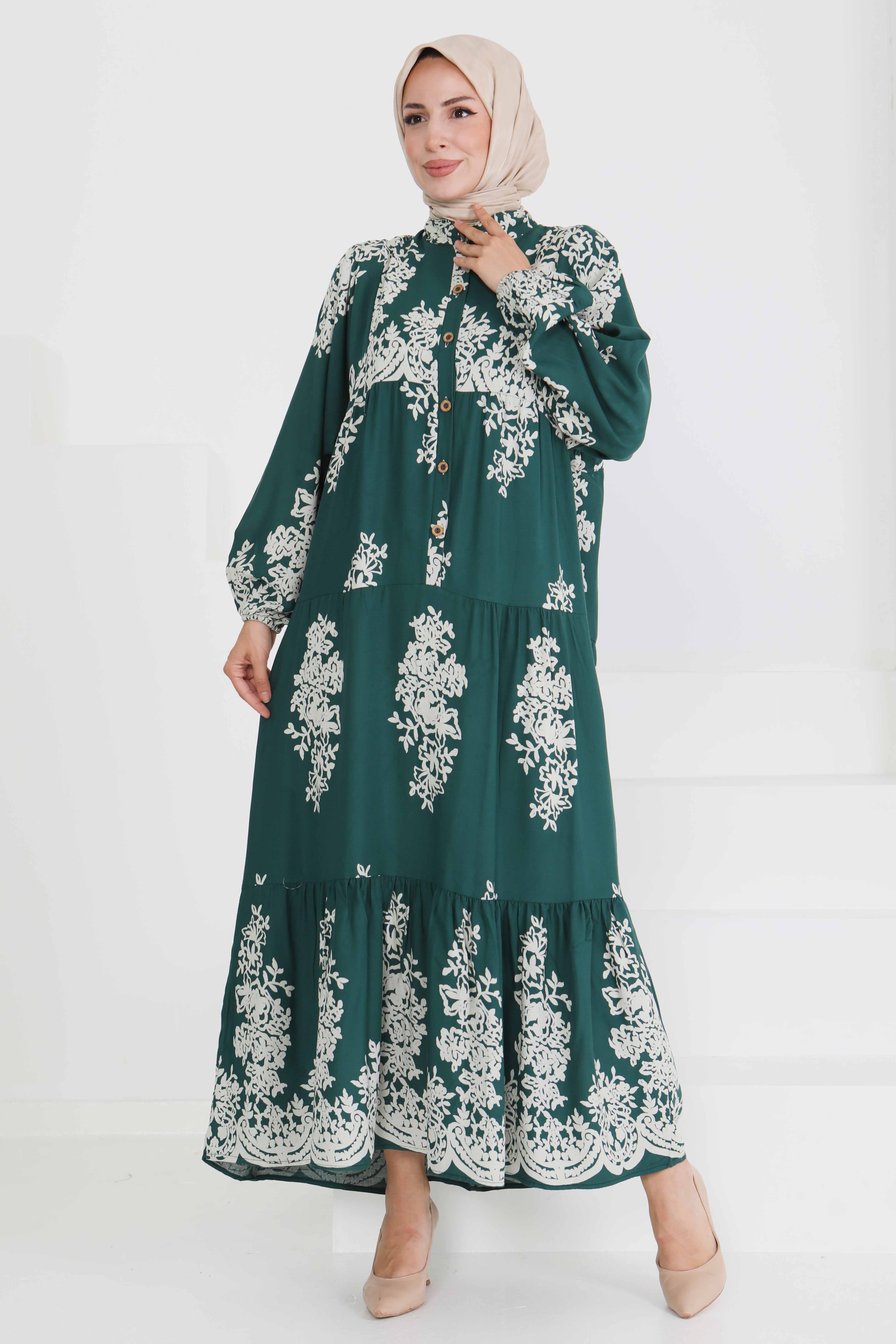 Desenli Düğmeli Elbise - 27470 - 3