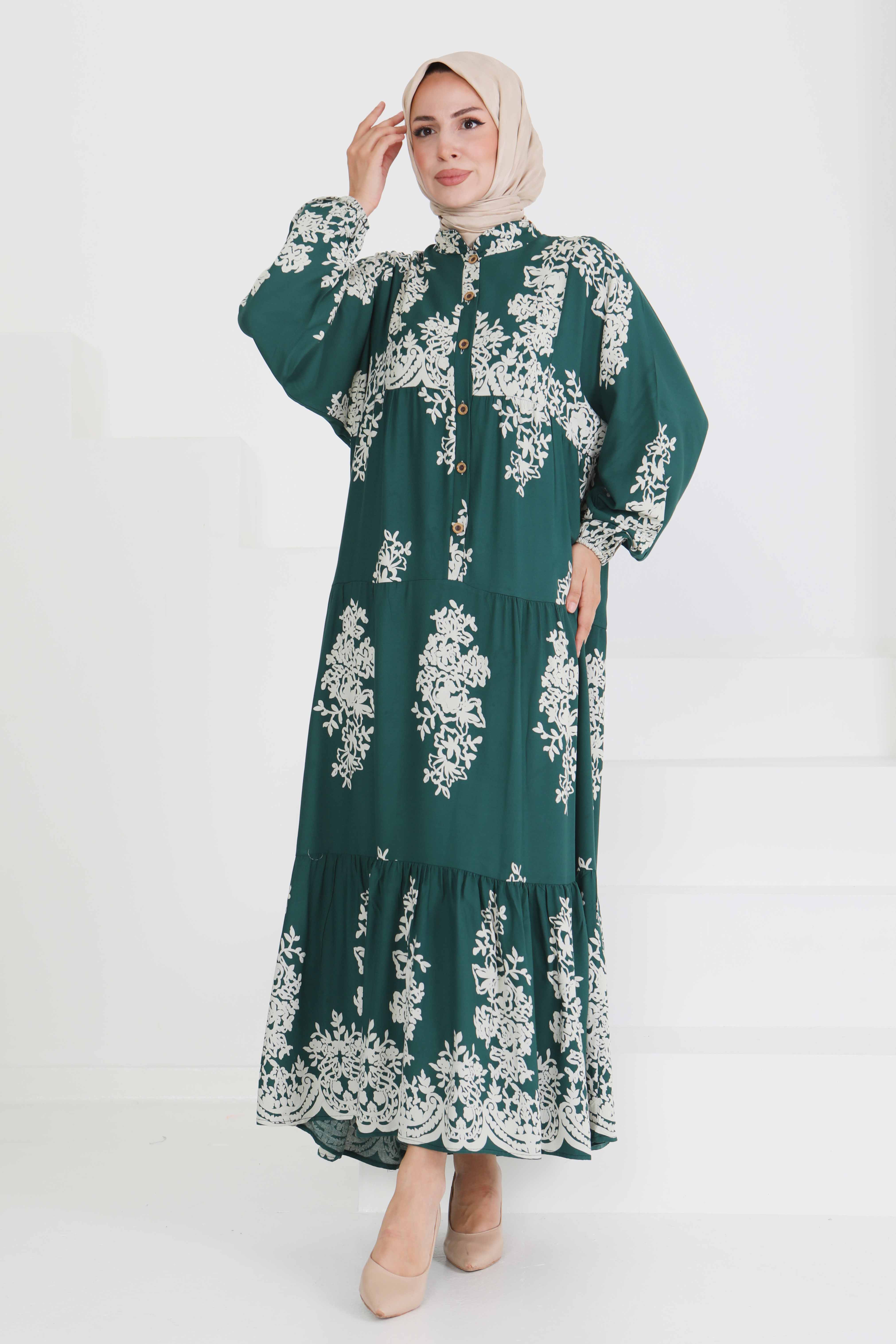 Desenli Düğmeli Elbise - 27470 - 4