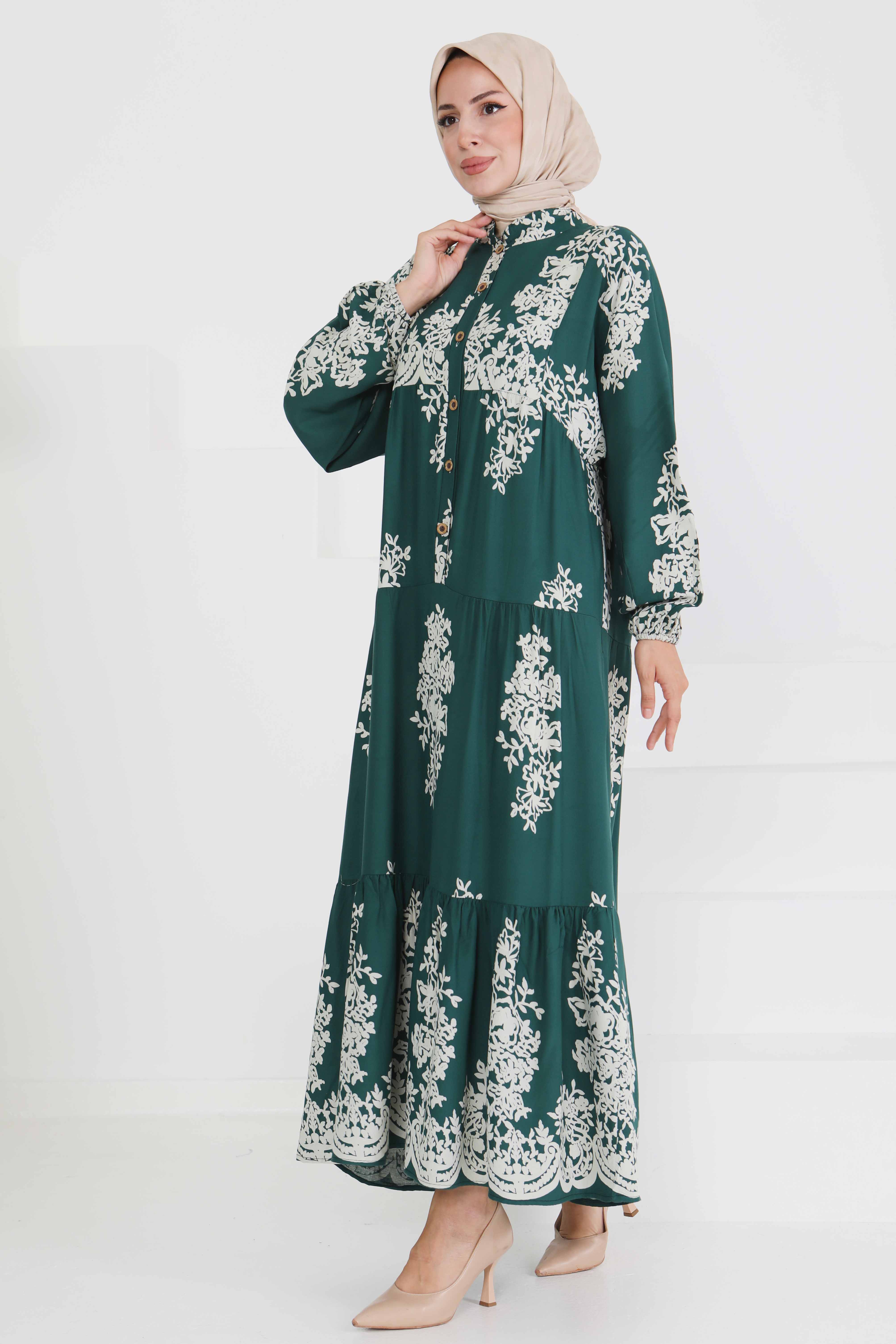 Desenli Düğmeli Elbise - 27470 - 5