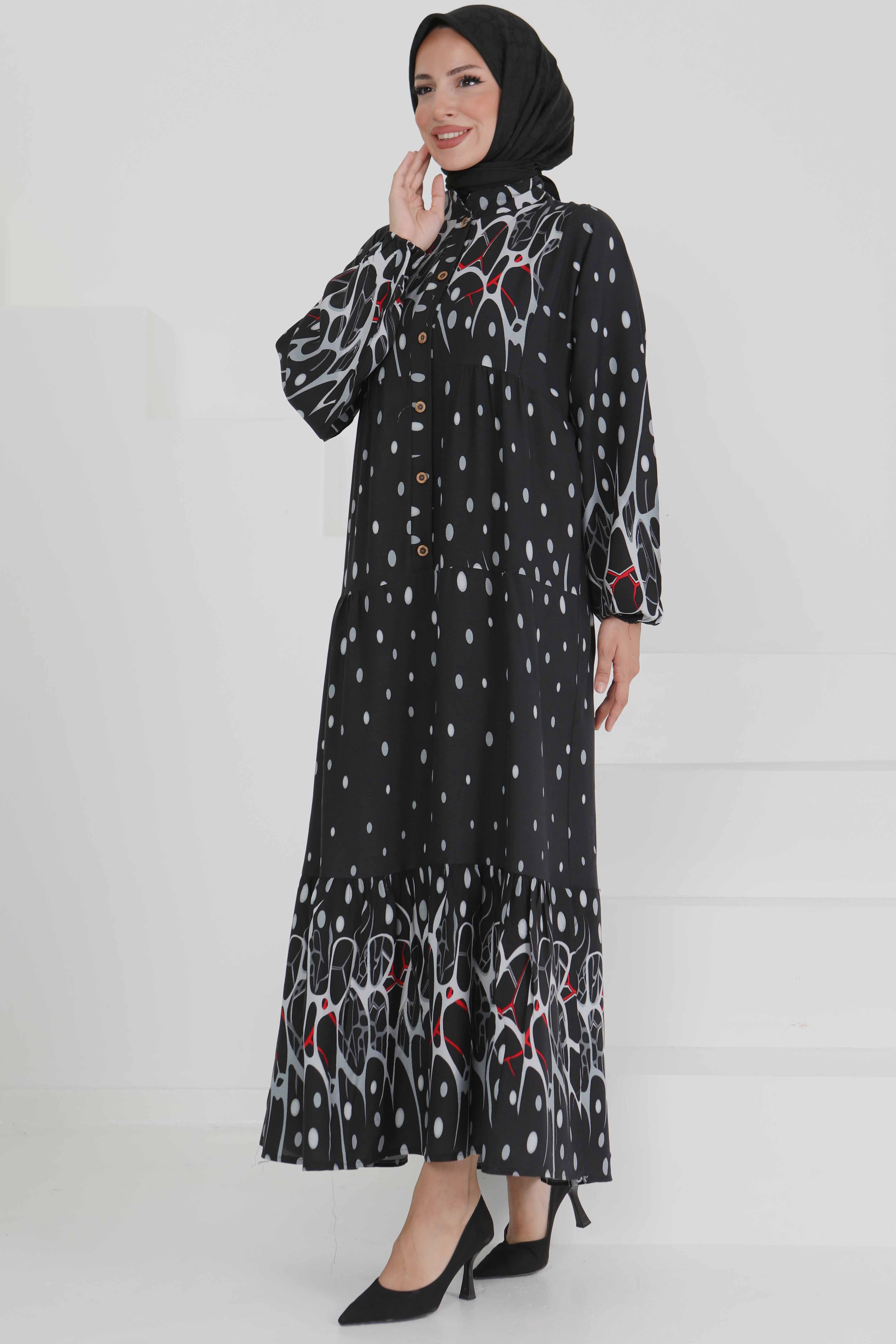 Desenli Düğmeli Elbise - 27493 - 1