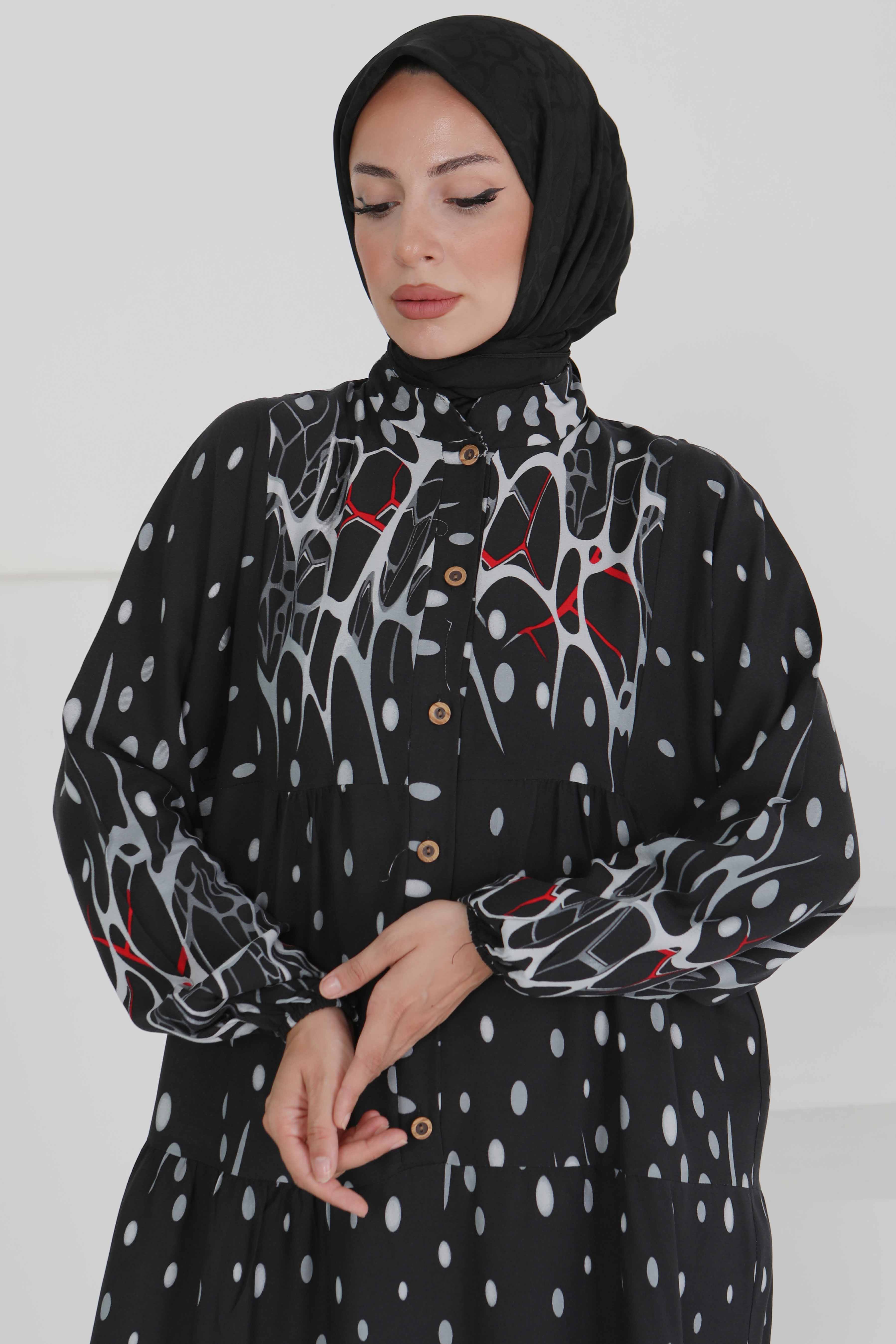 Desenli Düğmeli Elbise - 27493 - 2