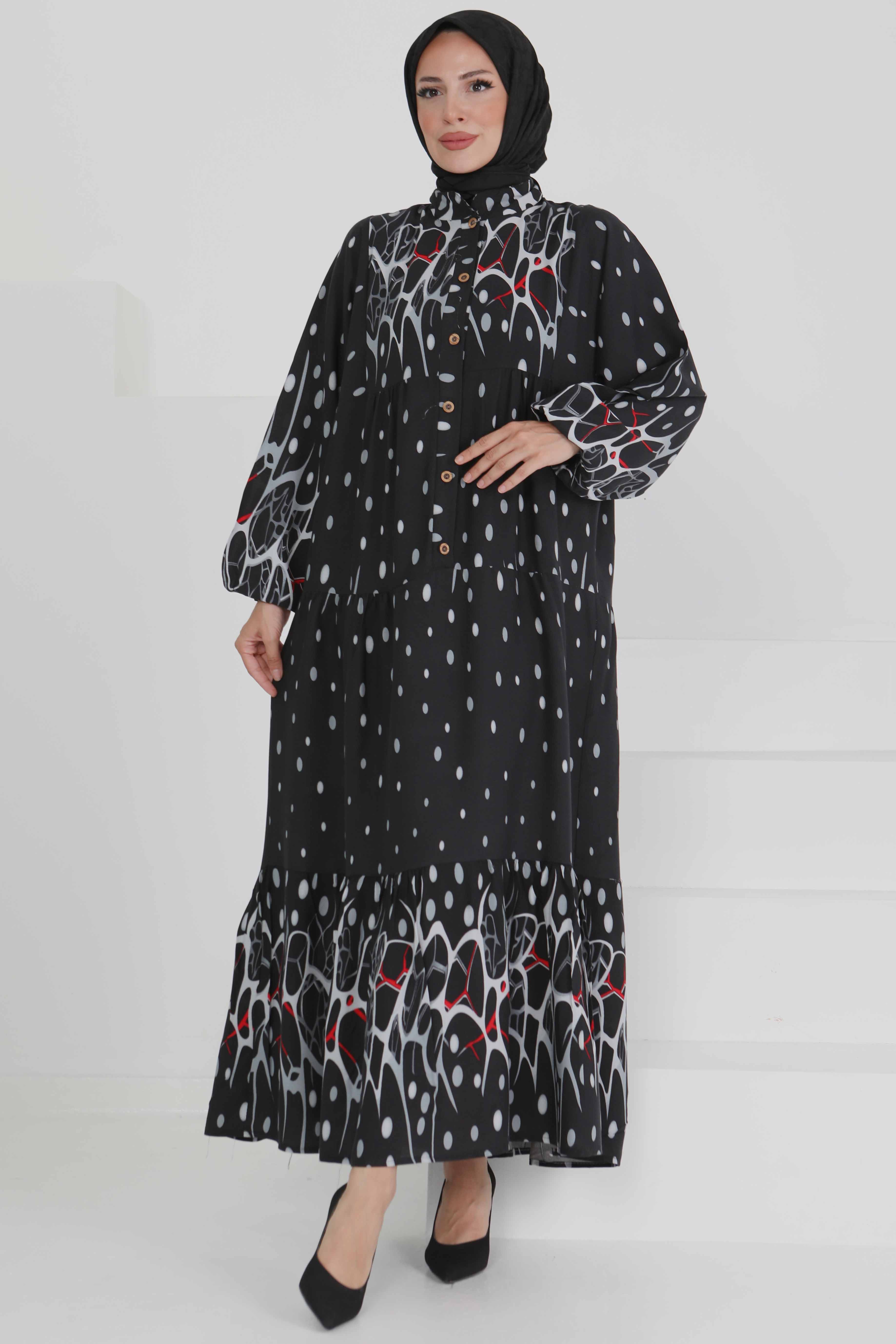 Desenli Düğmeli Elbise - 27493 - 3