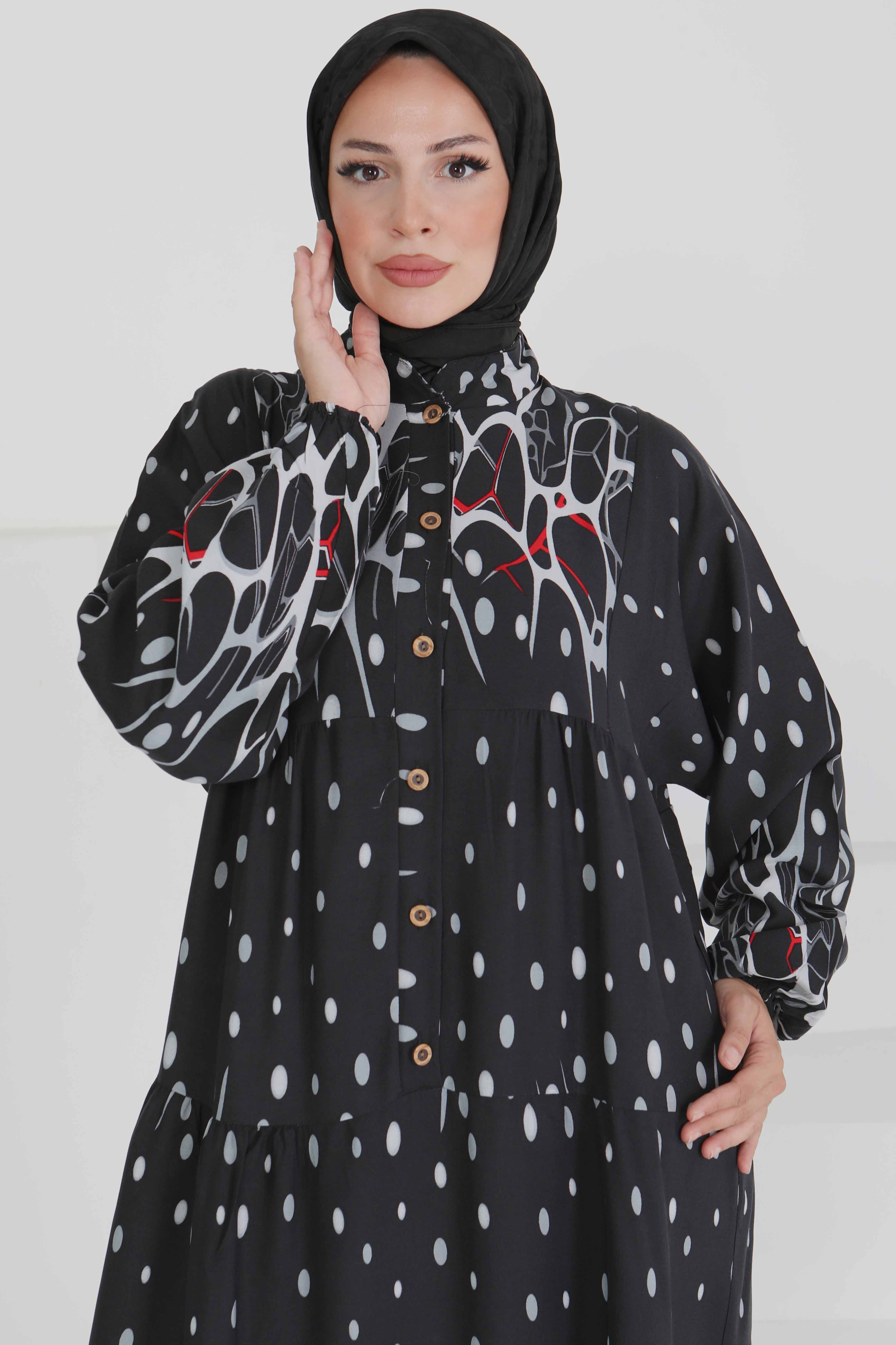 Desenli Düğmeli Elbise - 27493 - 4
