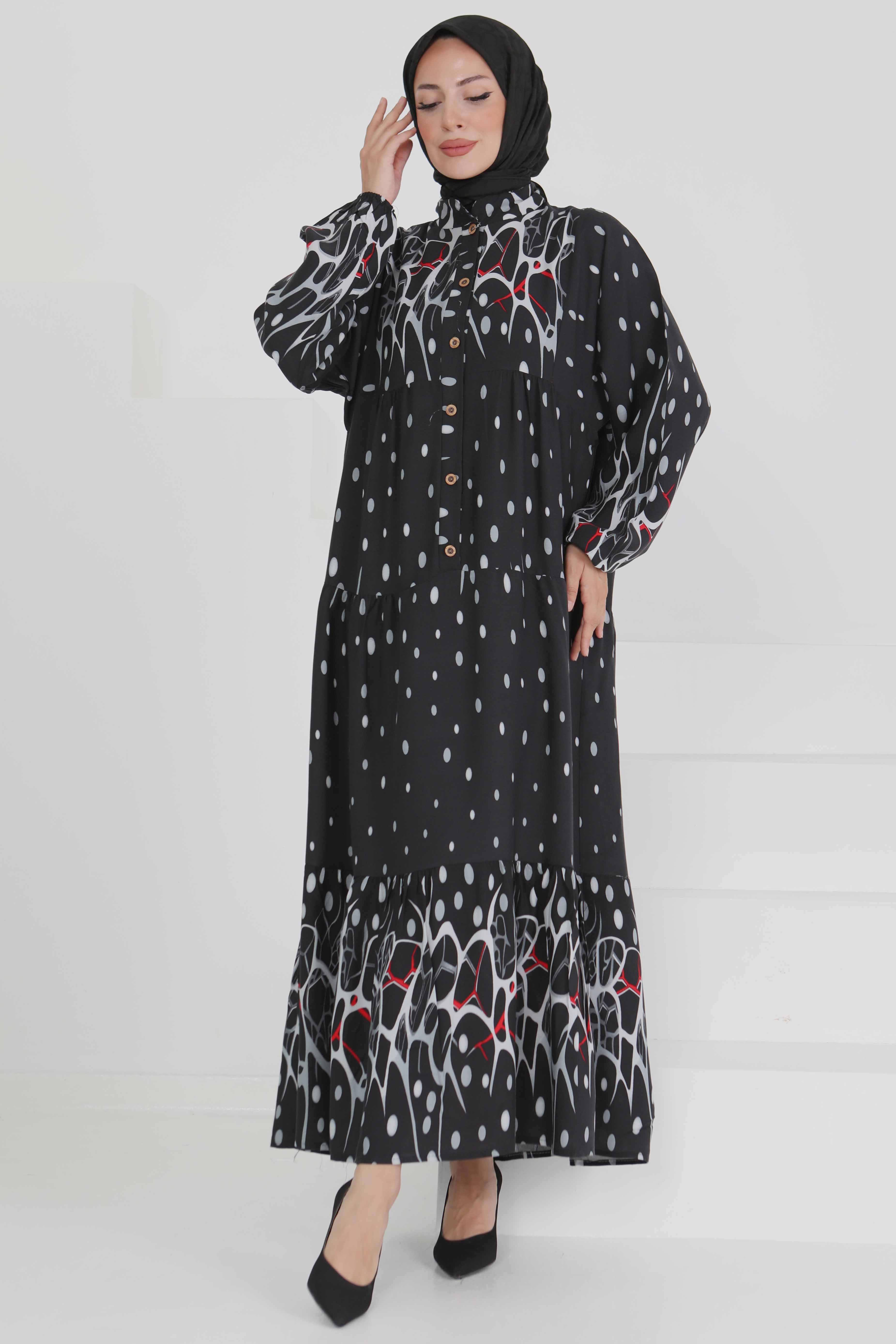 Desenli Düğmeli Elbise - 27493 - 5