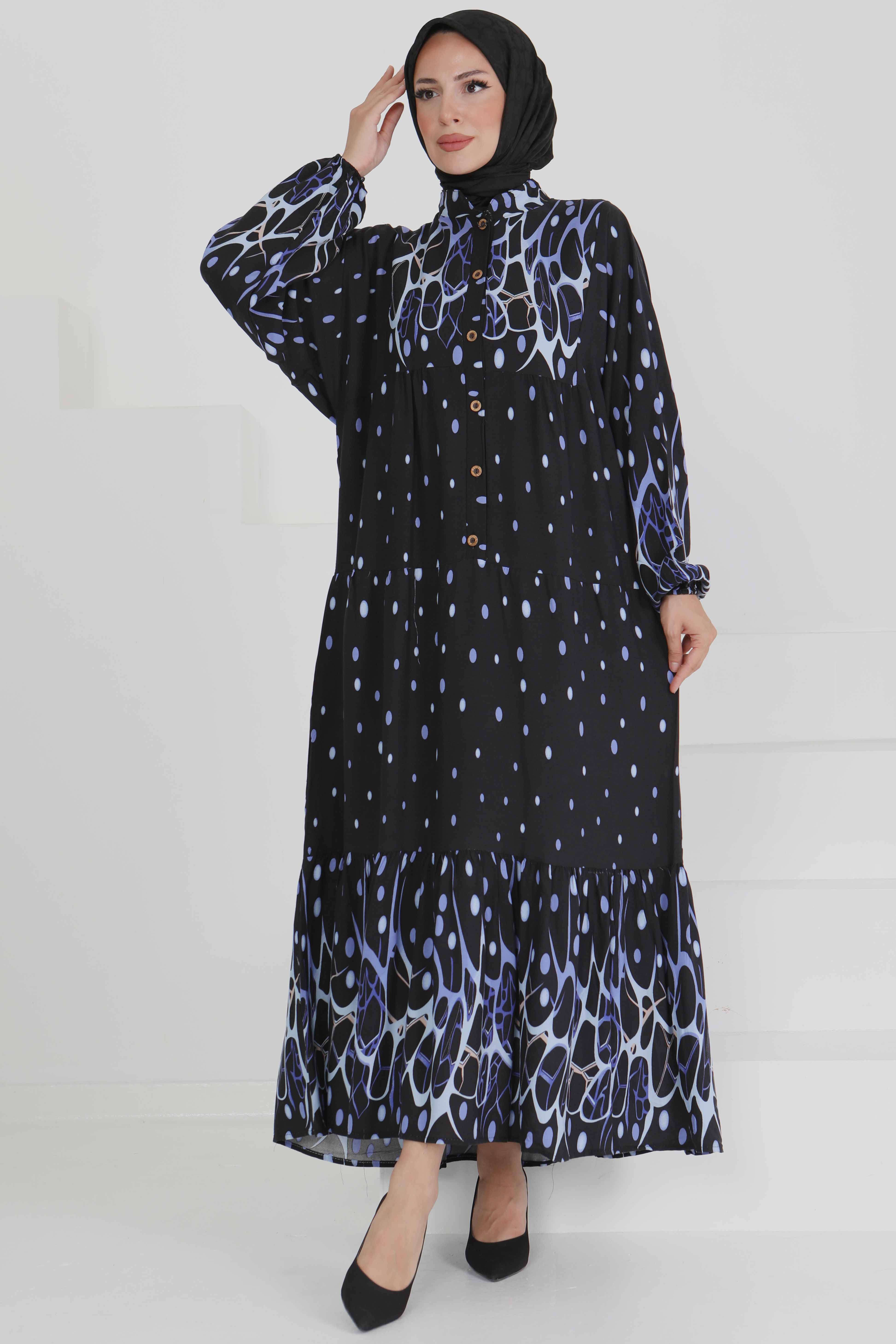Desenli Düğmeli Elbise - 27493 - 1