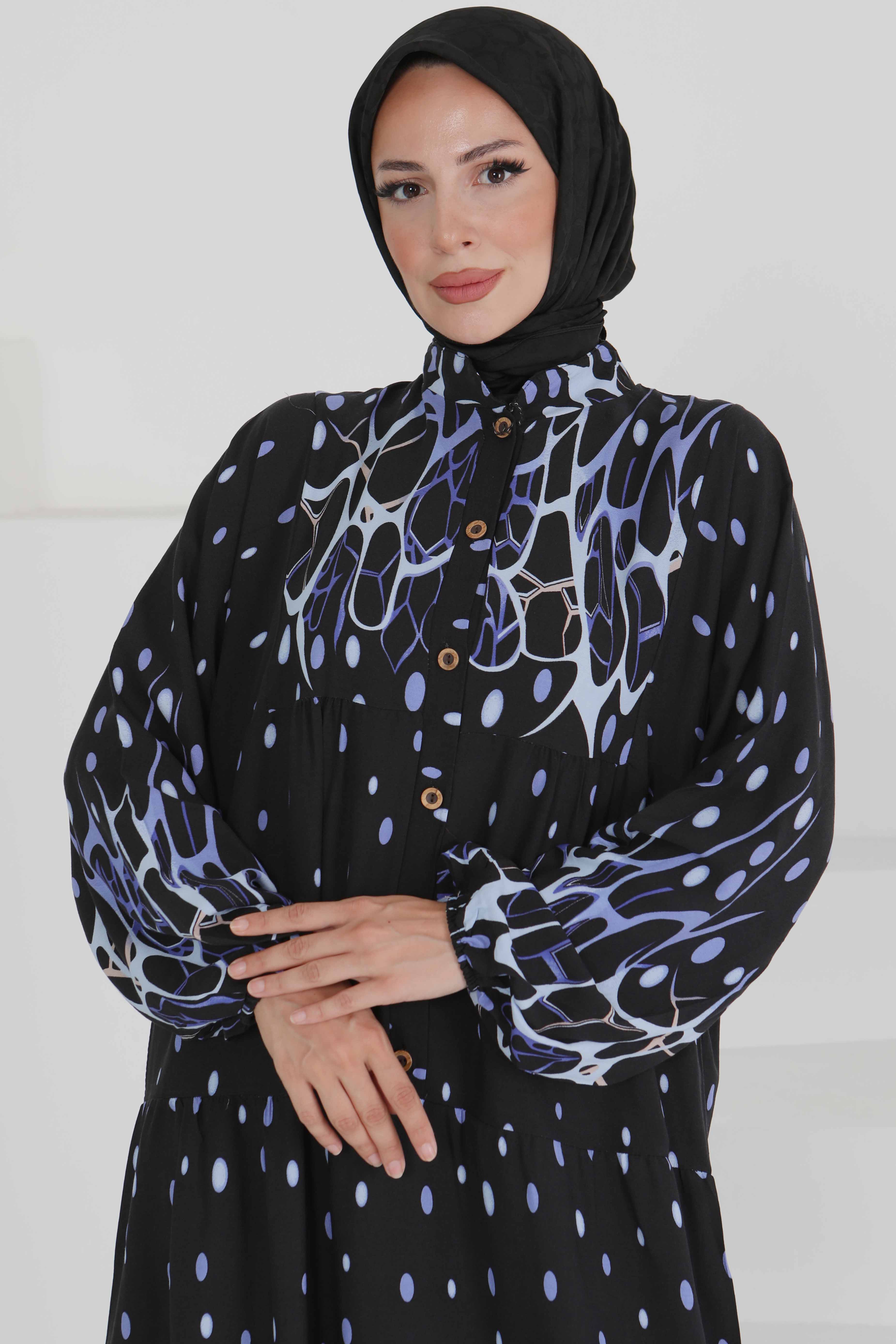 Desenli Düğmeli Elbise - 27493 - 2