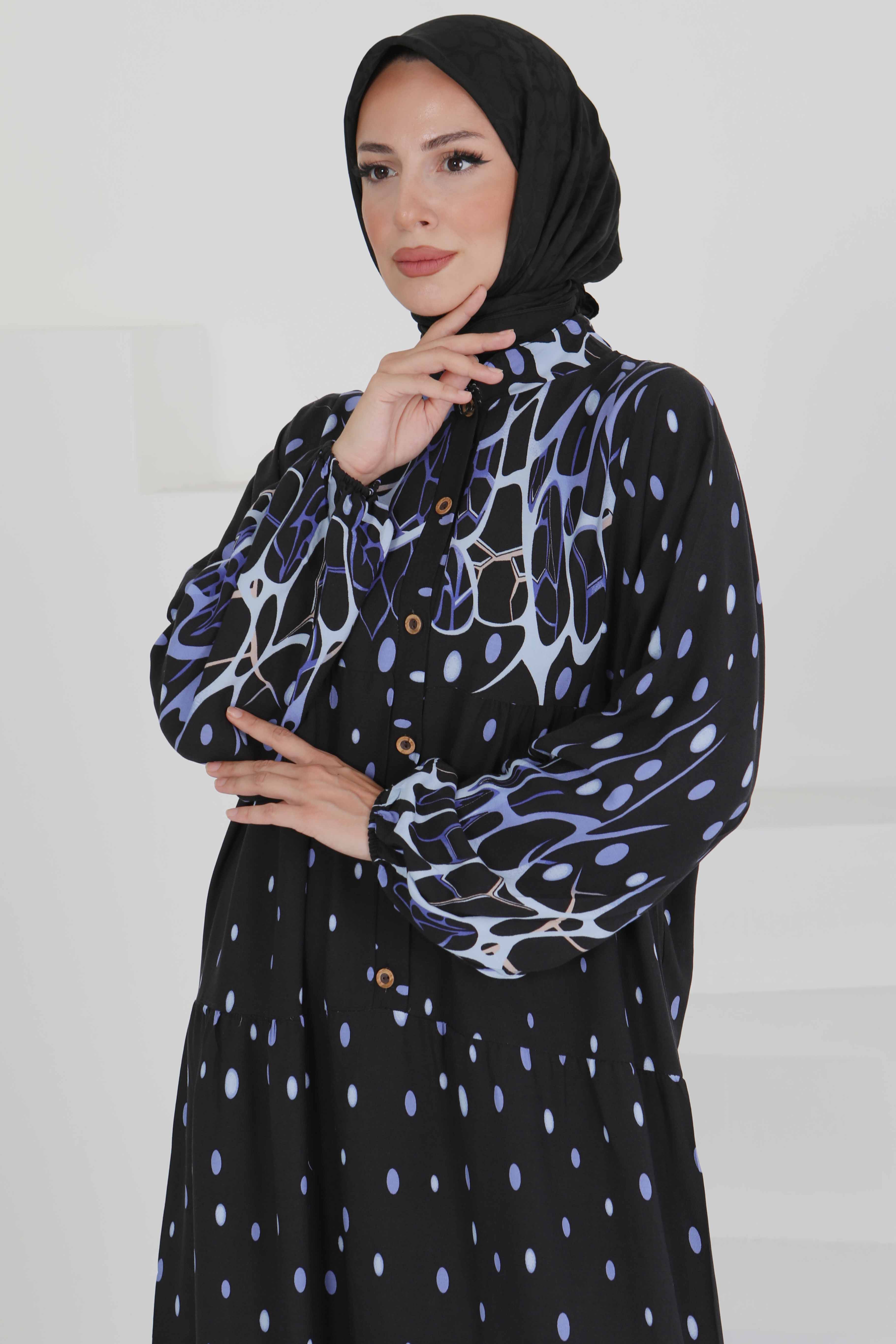 Desenli Düğmeli Elbise - 27493 - 3