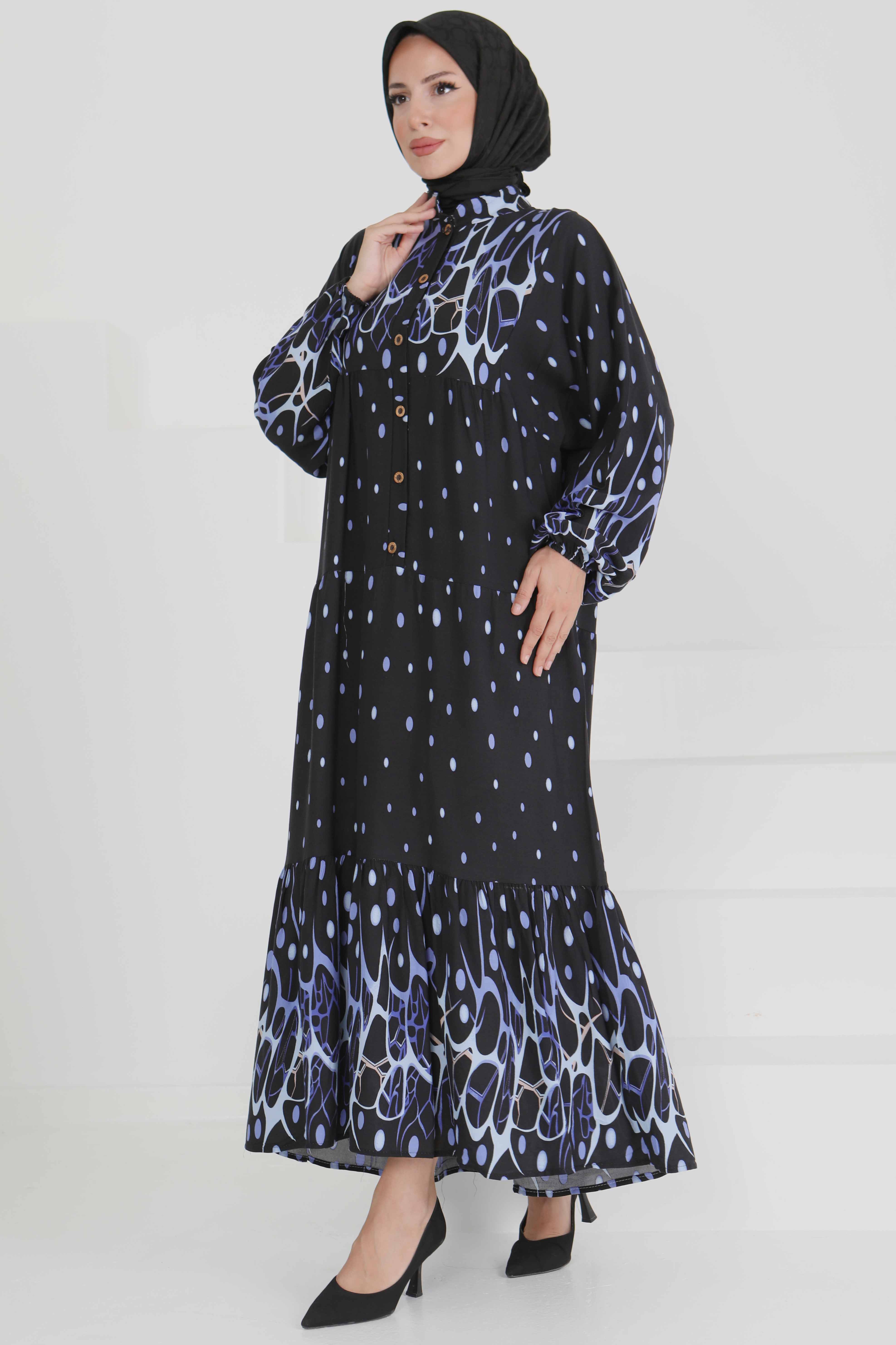 Desenli Düğmeli Elbise - 27493 - 4