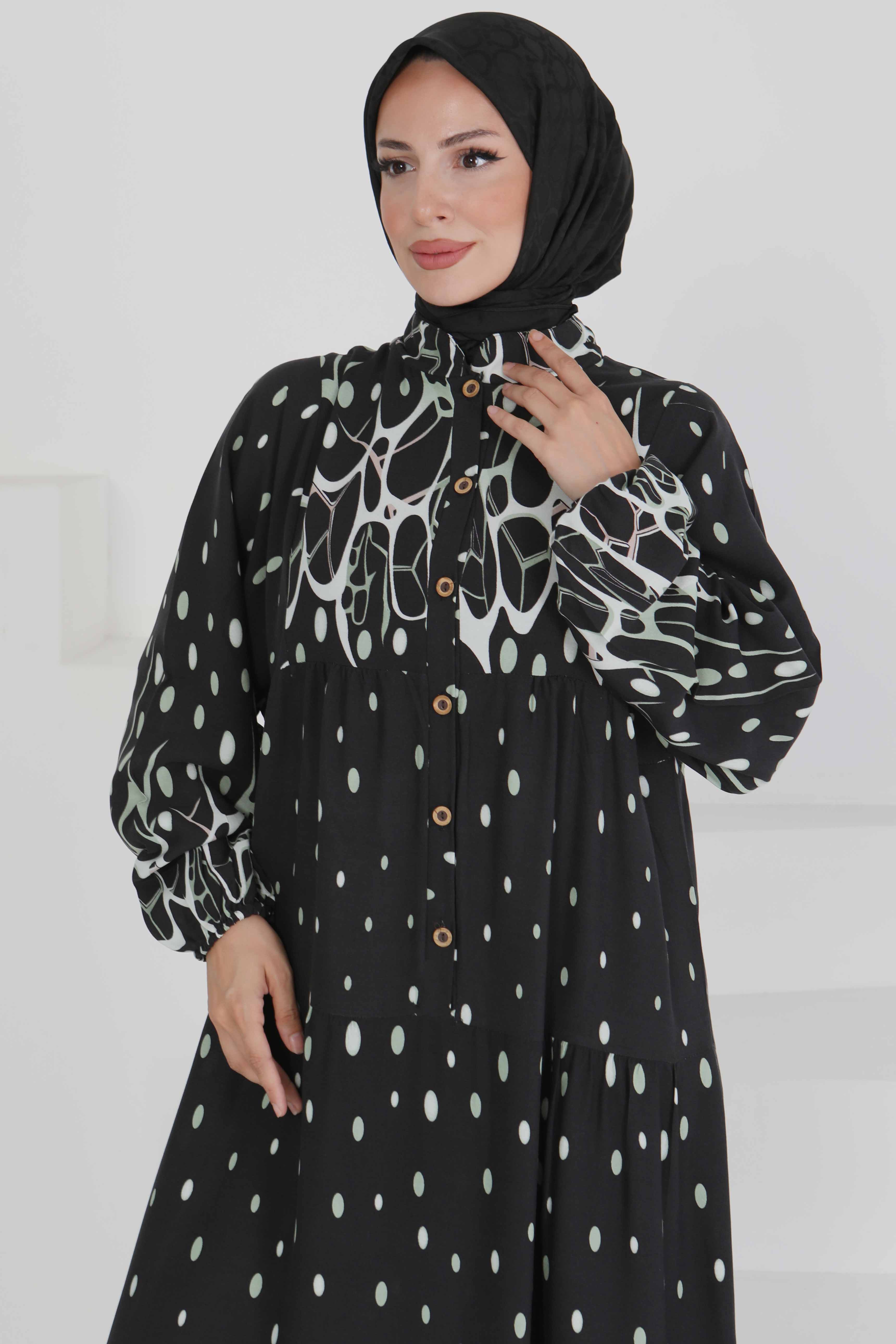 Desenli Düğmeli Elbise - 27493 - 1