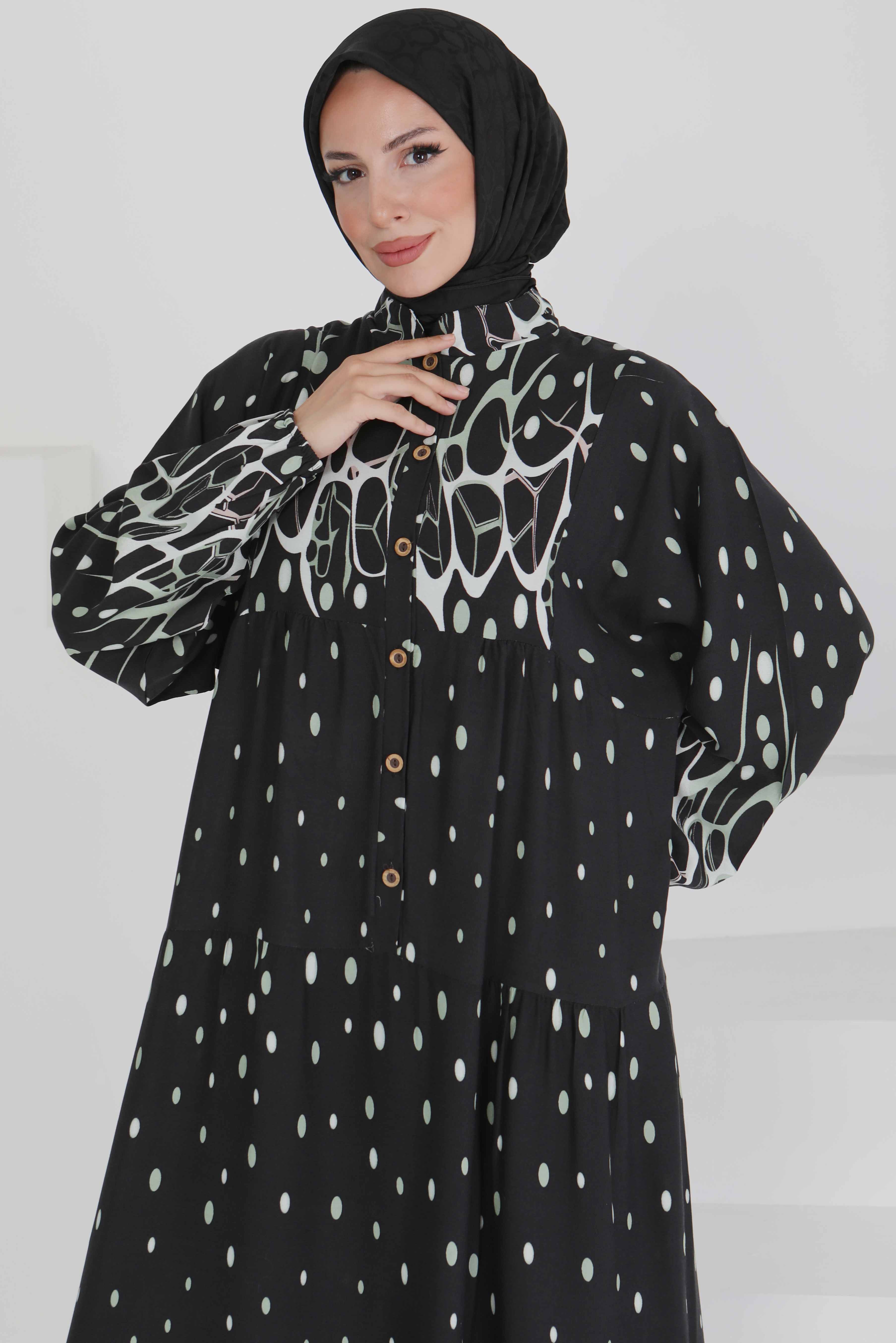 Desenli Düğmeli Elbise - 27493 - 2
