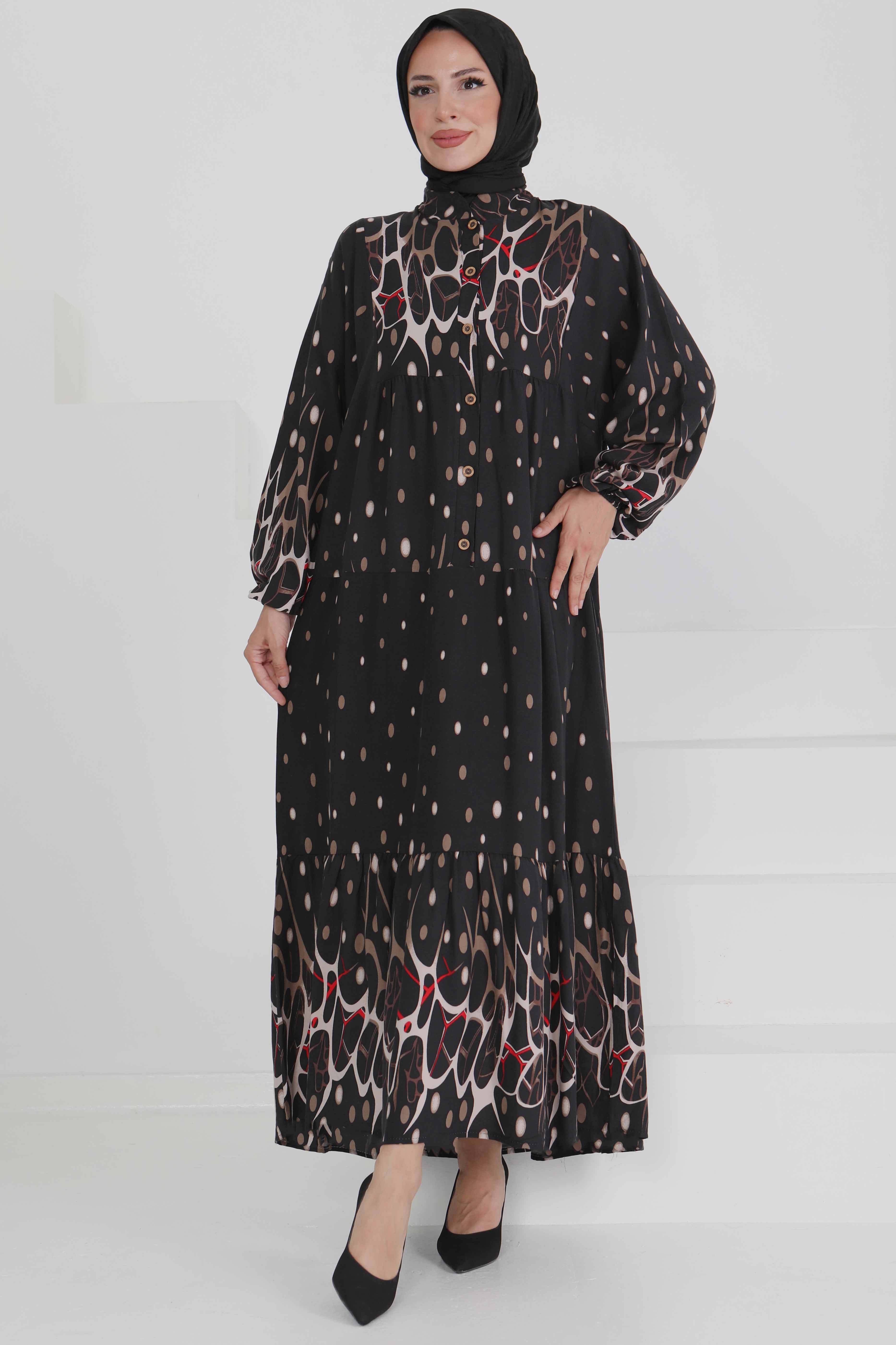 Desenli Düğmeli Elbise - 27493 - 2