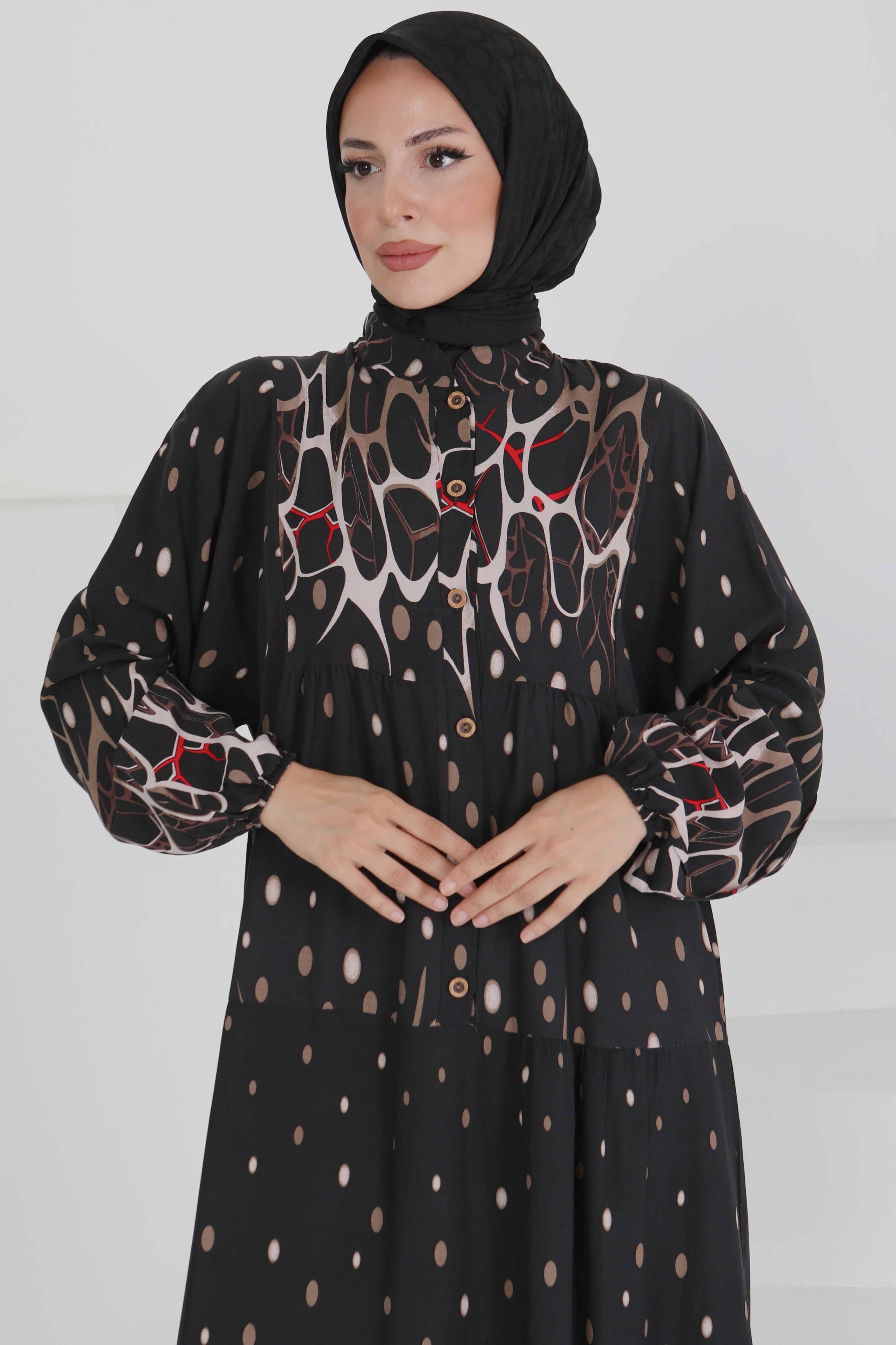 Desenli Düğmeli Elbise - 27493 - 3