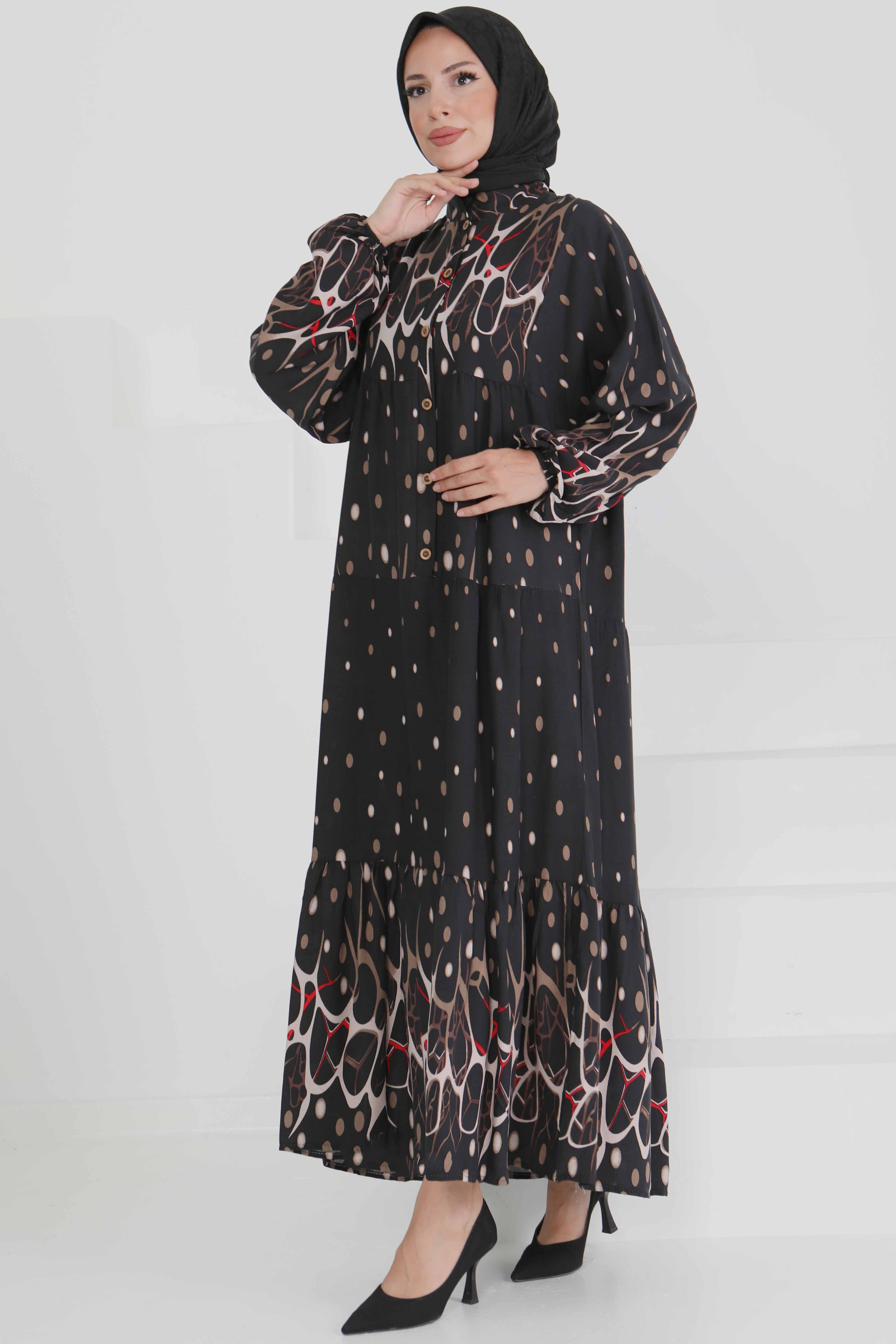 Desenli Düğmeli Elbise - 27493 - 4