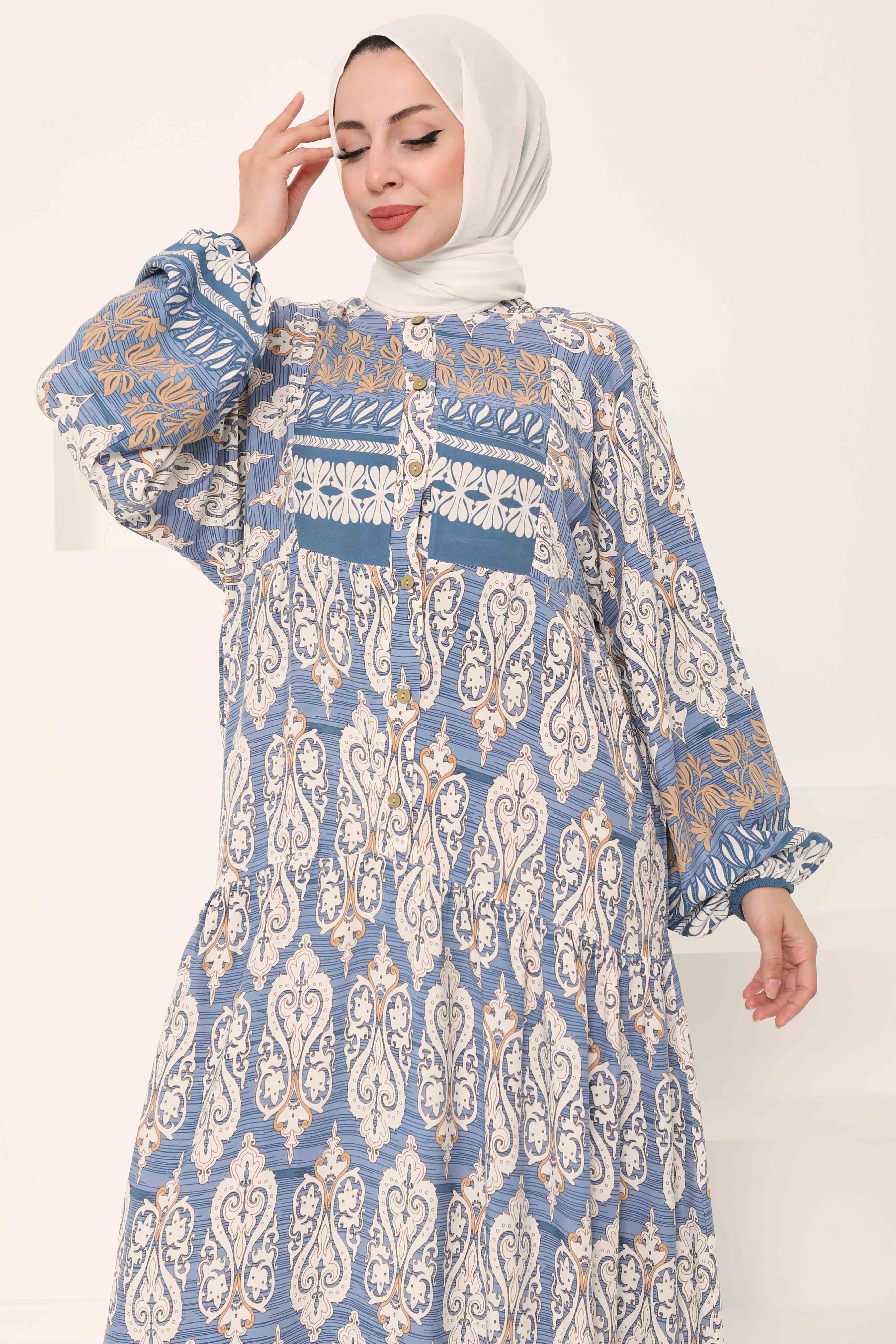 Desenli Düğmeli Elbise Bebe Mavi - 27044 - 1