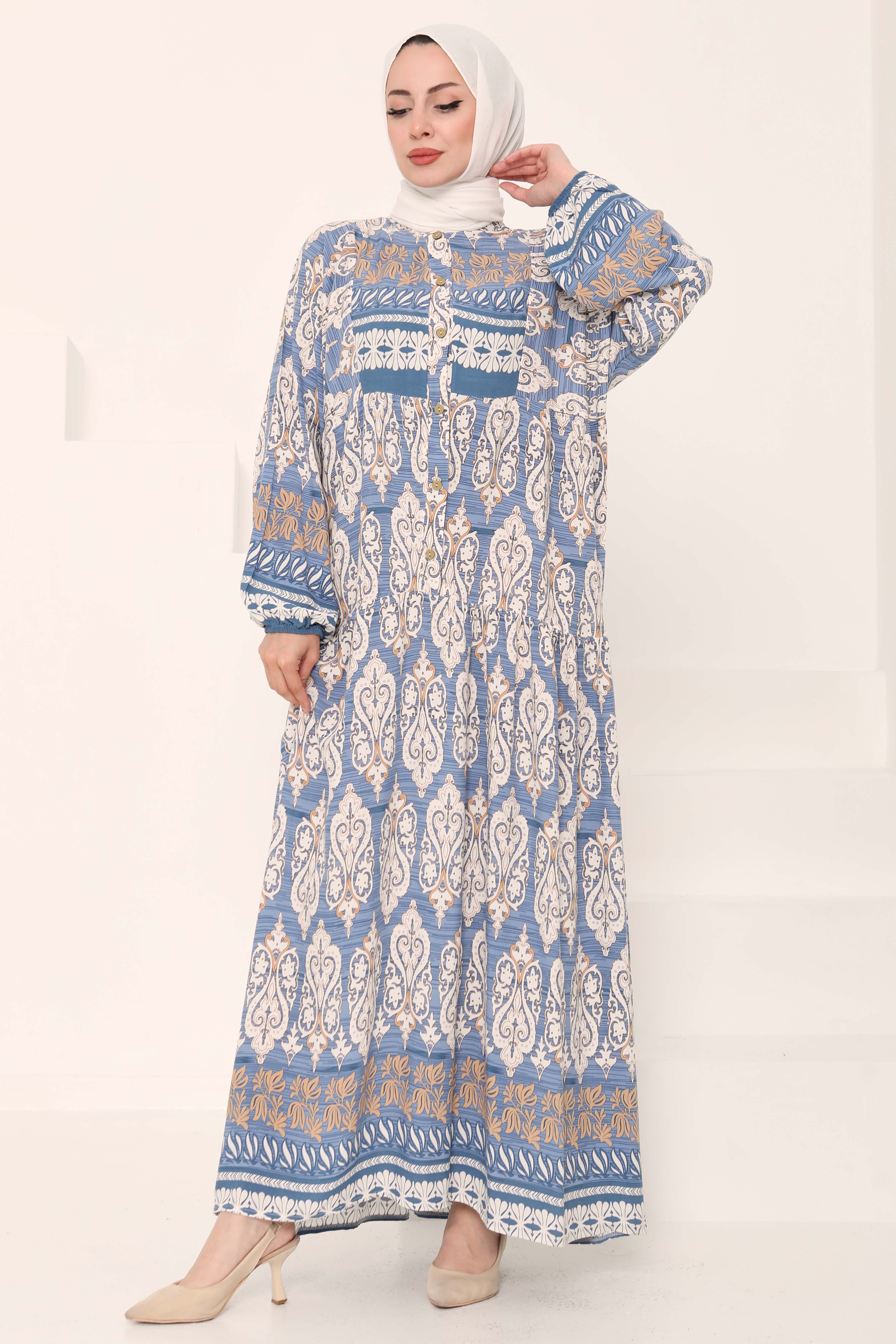 Desenli Düğmeli Elbise Bebe Mavi - 27044 - 2