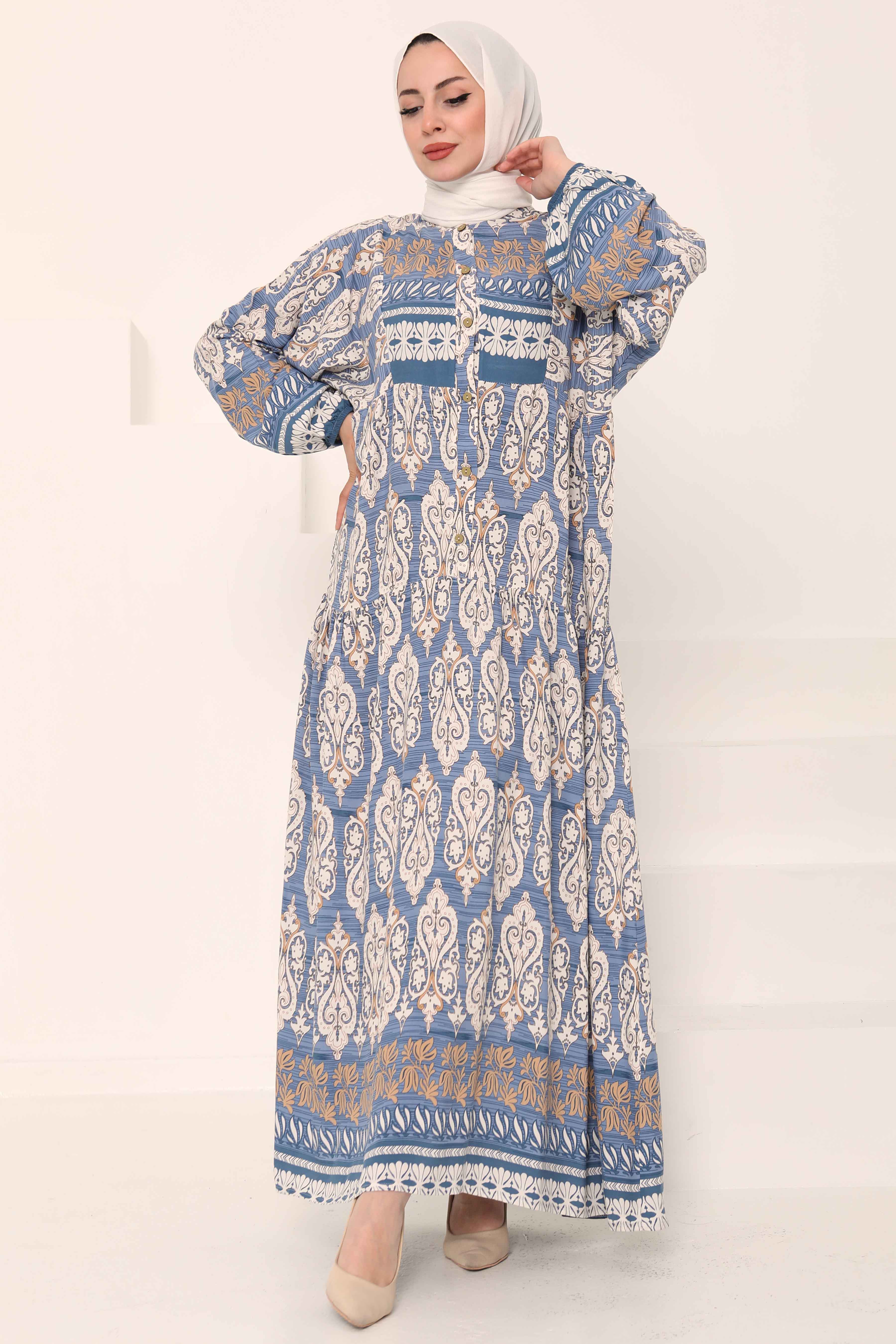 Desenli Düğmeli Elbise Bebe Mavi - 27044 - 4