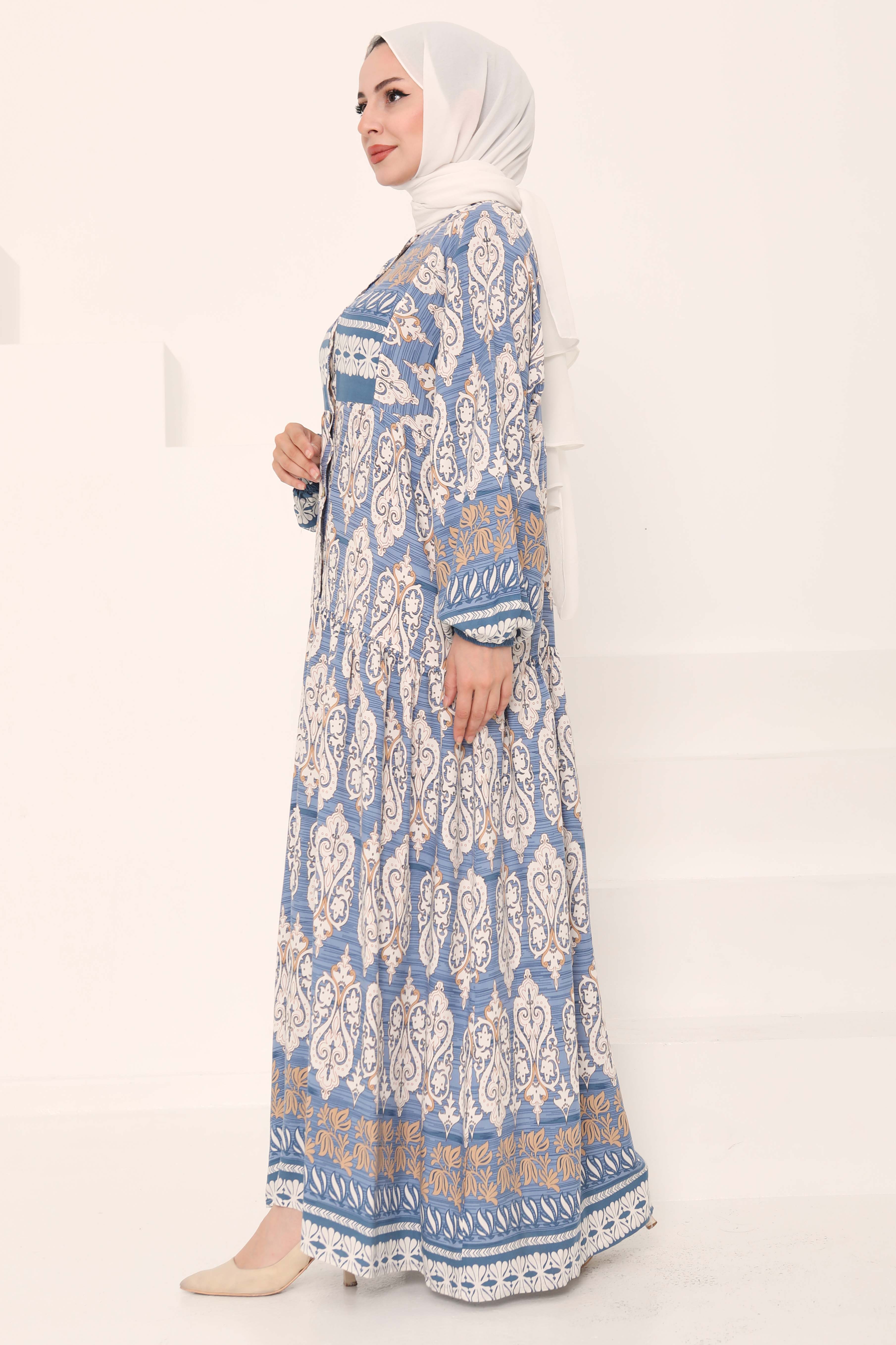 Desenli Düğmeli Elbise Bebe Mavi - 27044 - 5